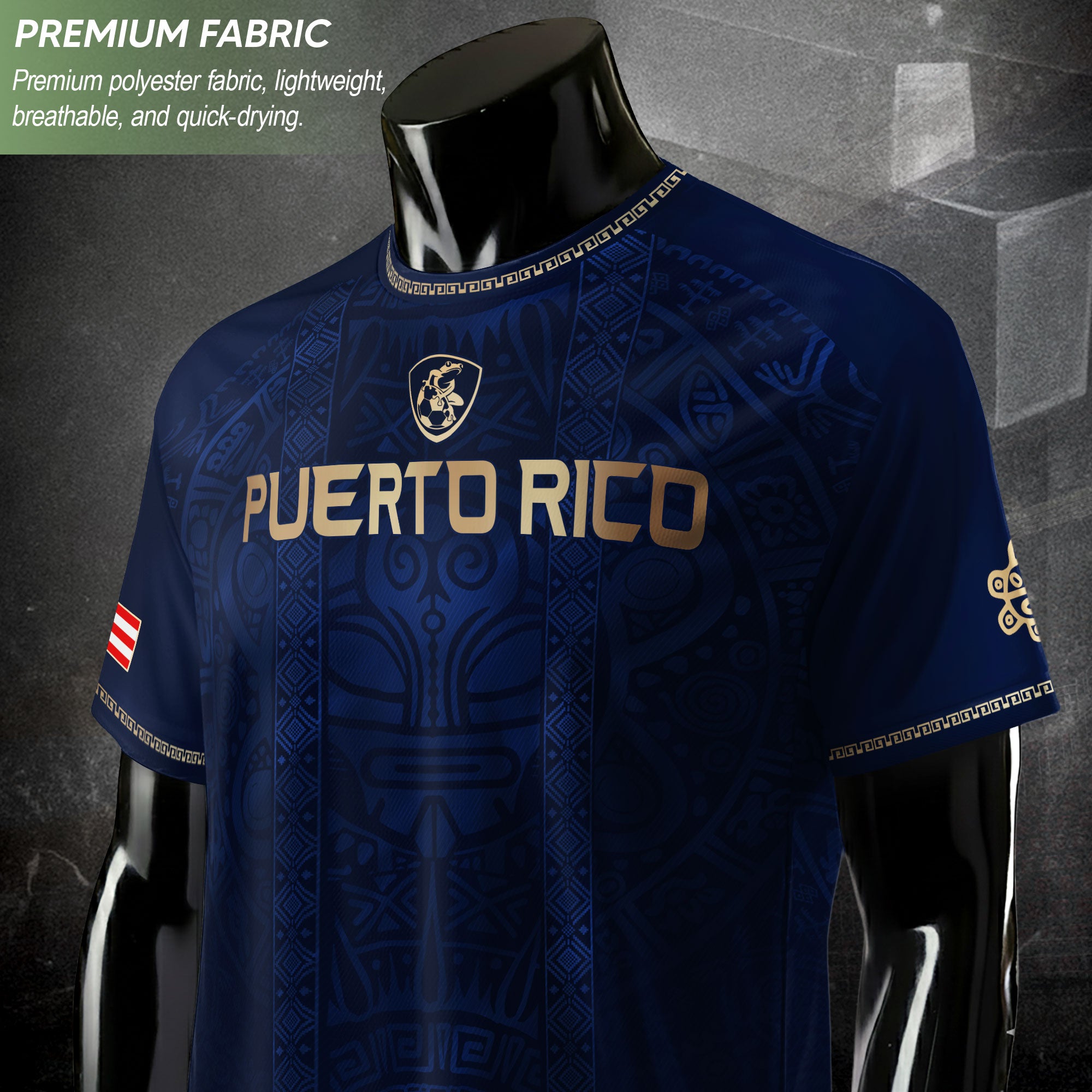 Camiseta de fútbol con máscara taína boricua azul marino de Puerto Rico, bandera tribal, orgullo nacional