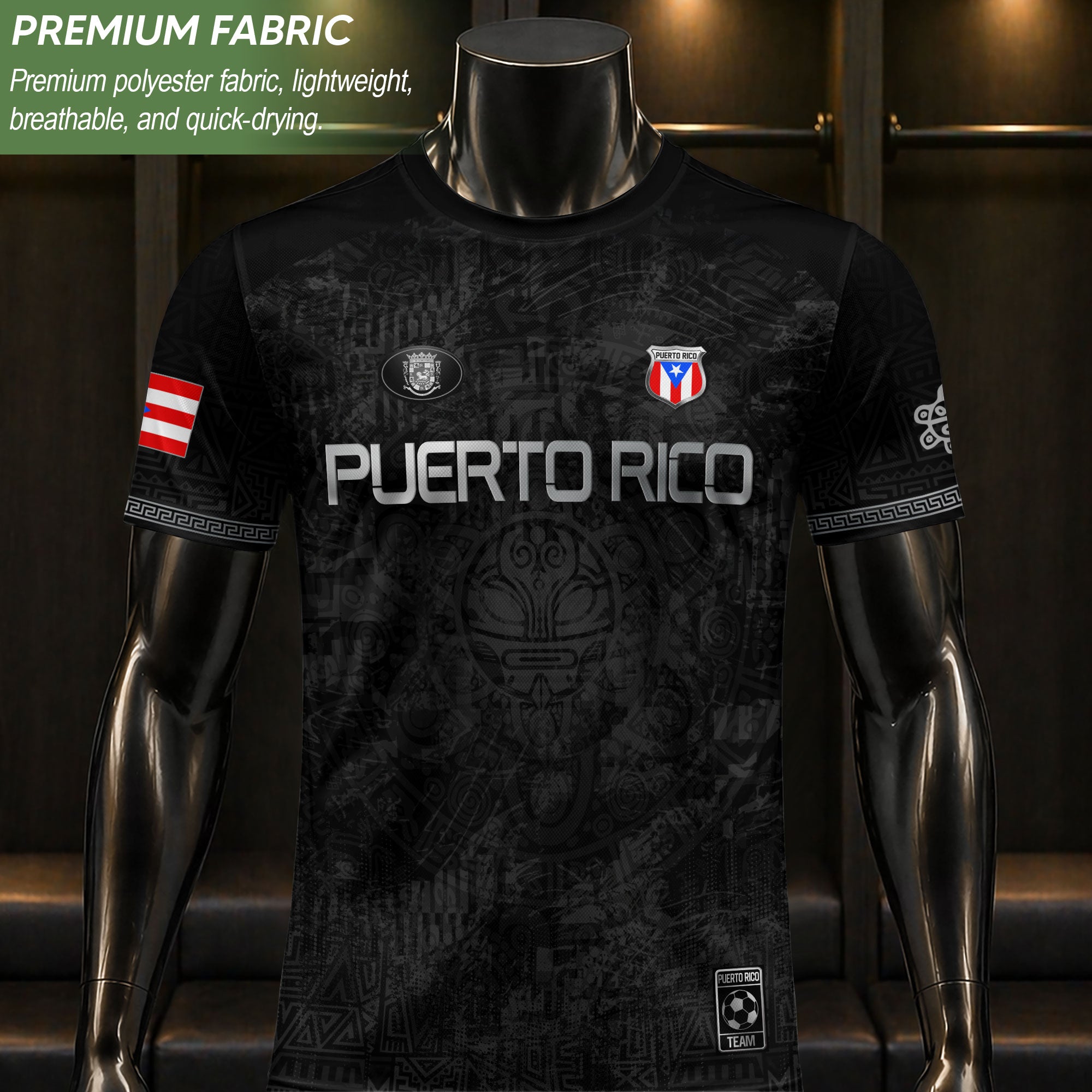 Black Puerto Rico Soccer Jersey Taino Tribal Design & Coqui Emblem Edition