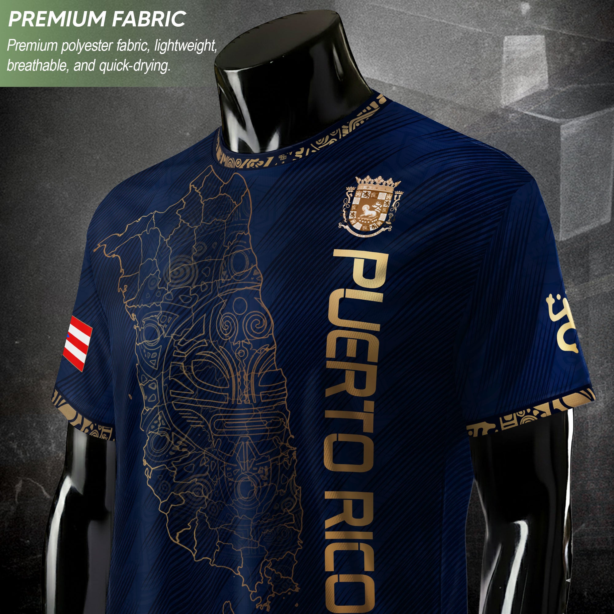Puerto Rico Soccer Jersey Navy Gold - Puerto Rico Map & Coat of Arms Edition Football Shirt