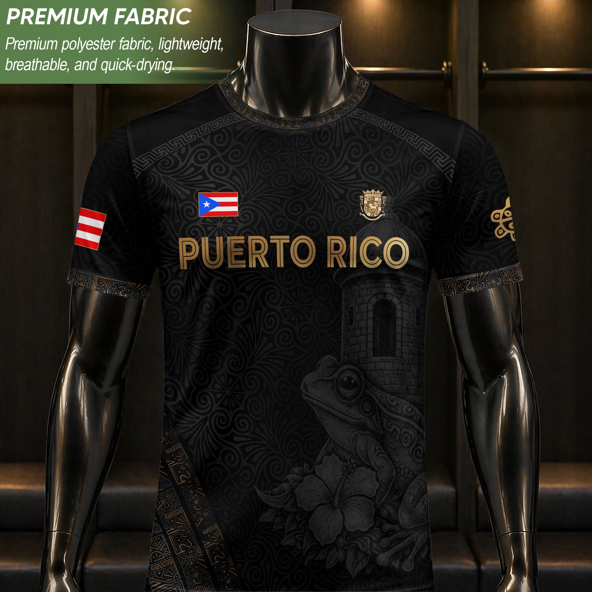 Puerto Rico Soccer Jersey - El Morro & Coqui Frog Design - Taino Sun Tribal Black Gold