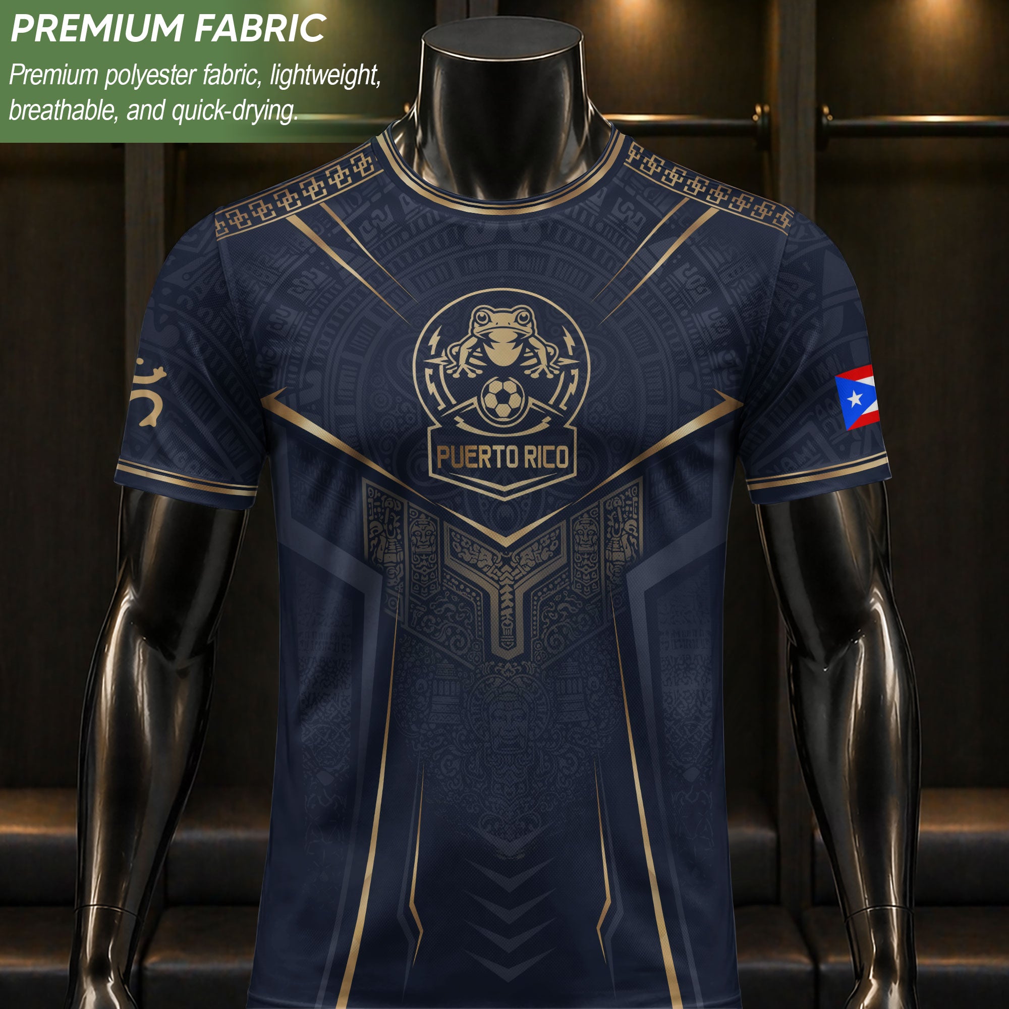 Puerto Rico Soccer Jersey - Navy Gold Taino Coqui Frog Crest Heritage Football Shirt