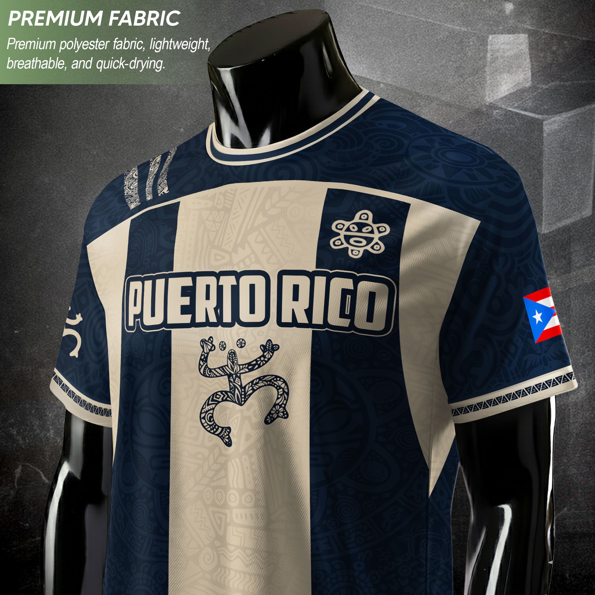 Puerto Rico Soccer Jersey Navy Beige Taino Coqui Flag PR Football Shirt Heritage Gift