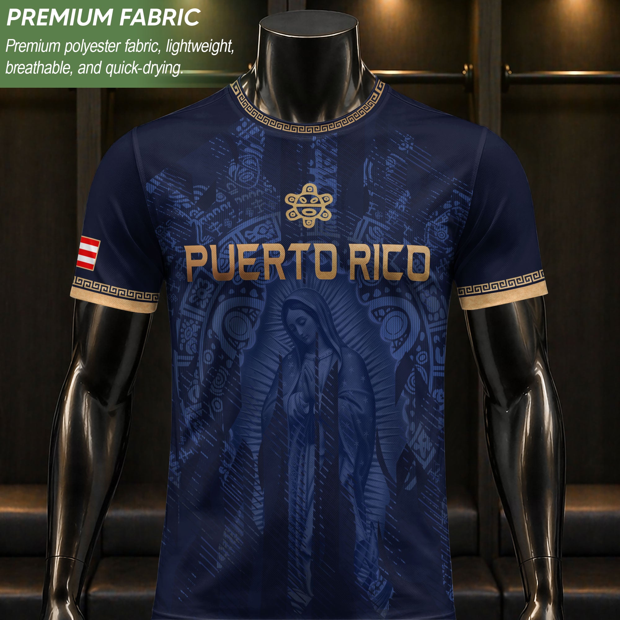 Puerto Rico Jersey Virgin Mary Navy Gold Catholic Faith Taino Symbols Boricua Pride