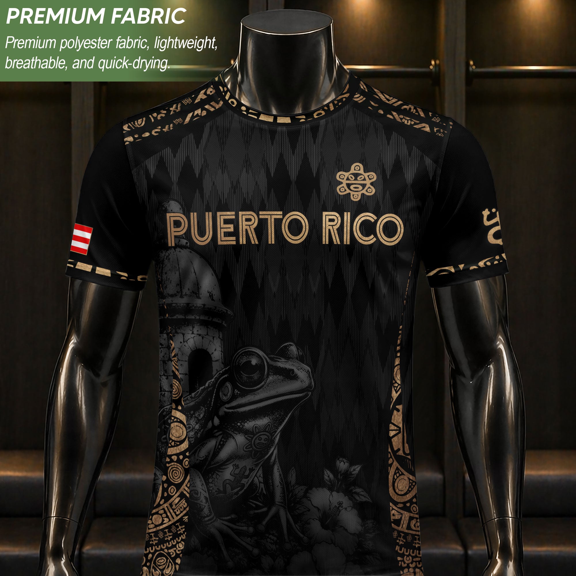Camiseta de fútbol con máscara taína boricua azul marino de Puerto Rico, bandera tribal, orgullo nacional