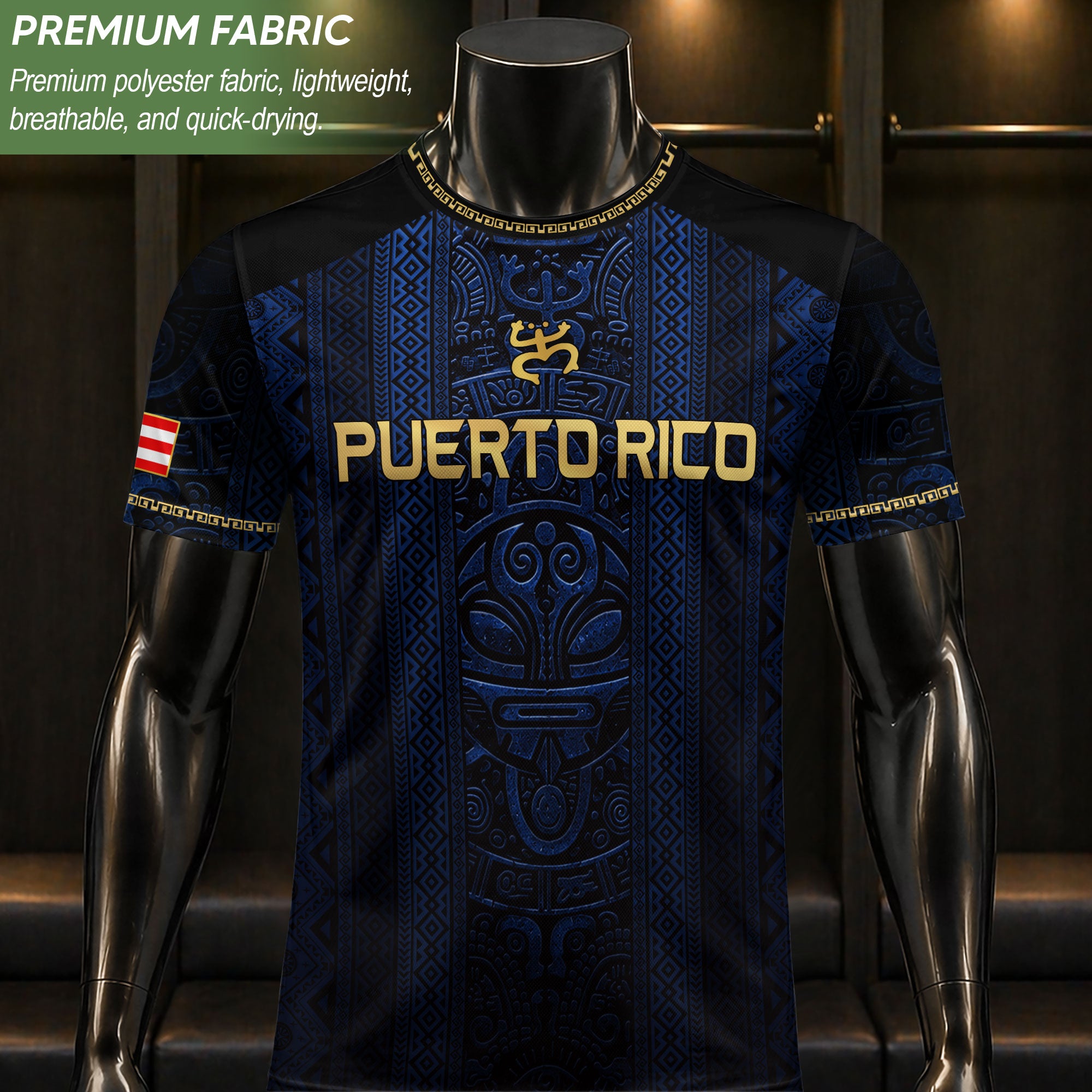 Camiseta de fútbol con máscara taína boricua azul marino de Puerto Rico, bandera tribal, orgullo nacional