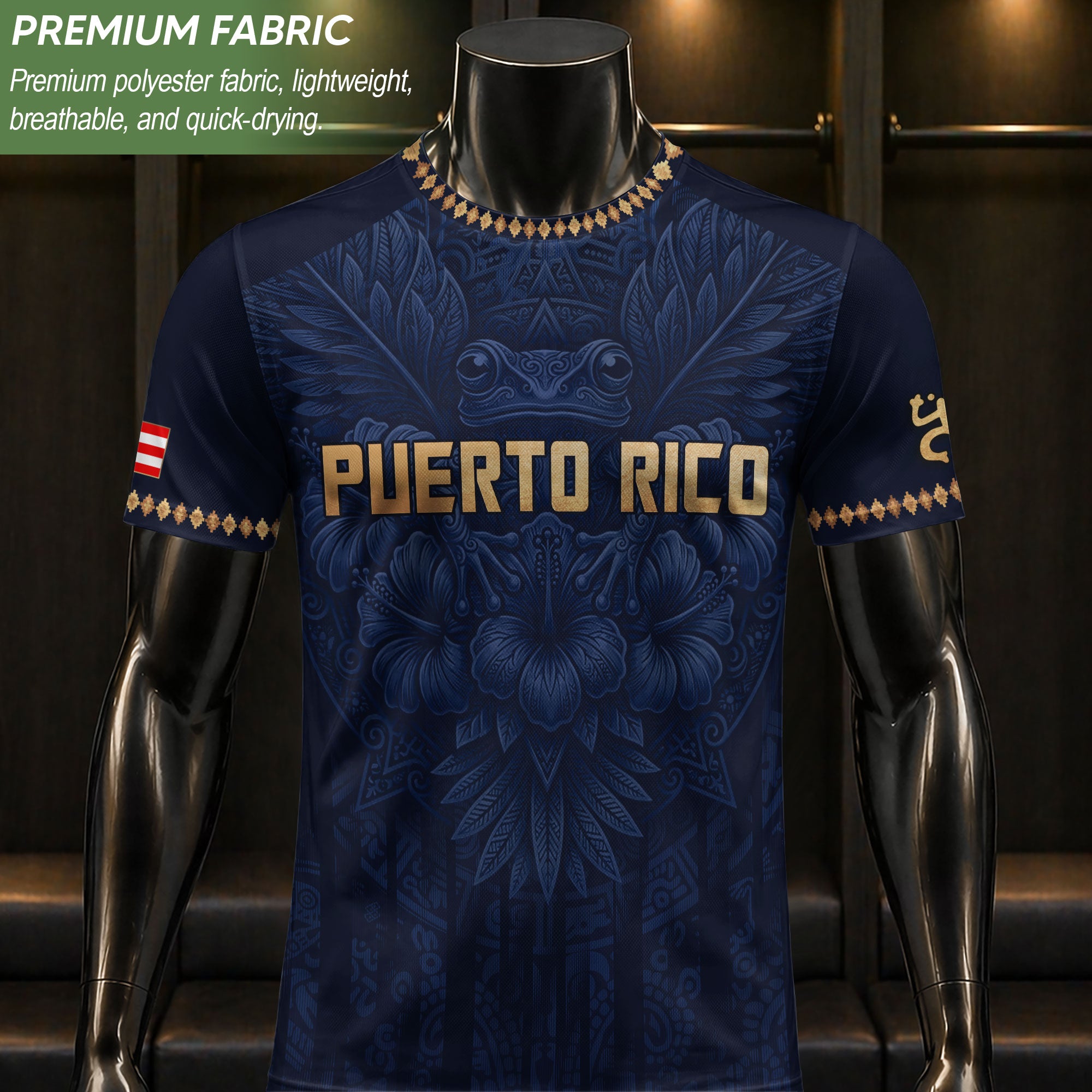 Camiseta de fútbol con máscara taína boricua azul marino de Puerto Rico, bandera tribal, orgullo nacional