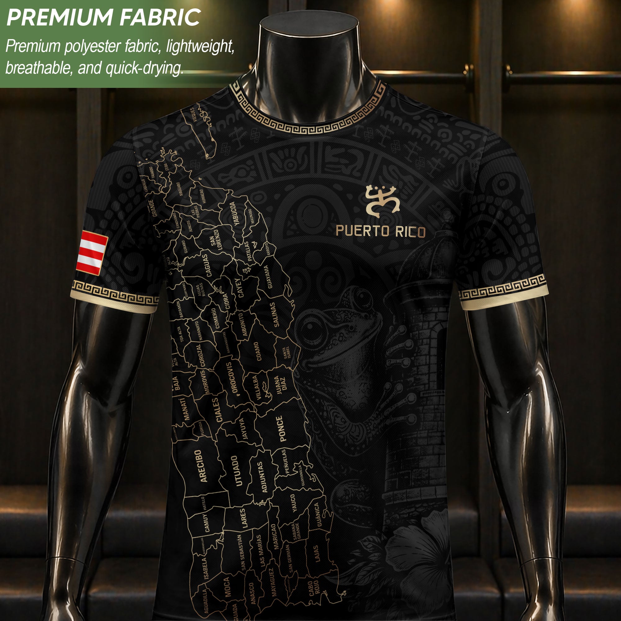 Puerto Rico Soccer Jersey Black Gold Taino Coqui Frog Map Boricua Football Shirt