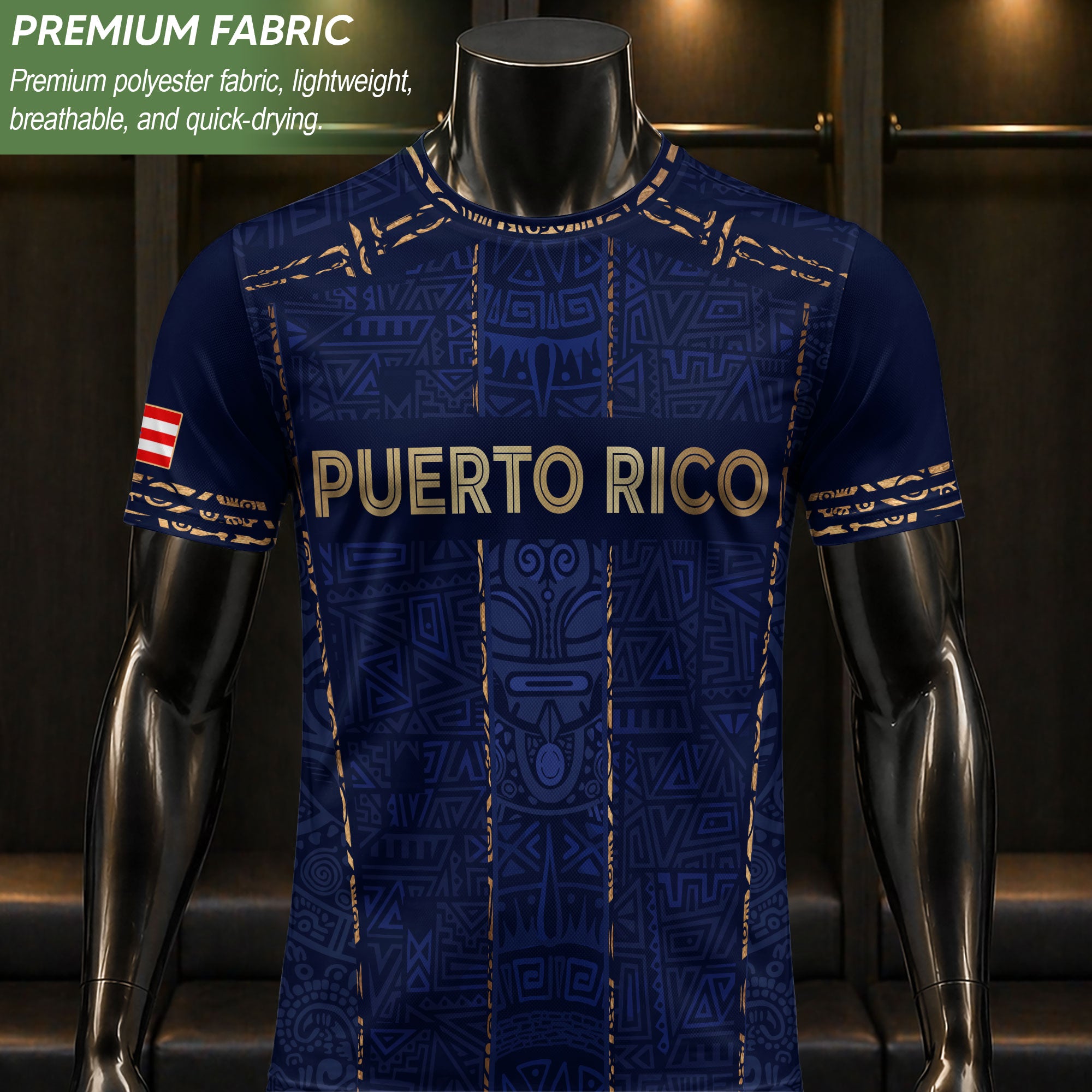 Camiseta de fútbol con máscara taína boricua azul marino de Puerto Rico, bandera tribal, orgullo nacional