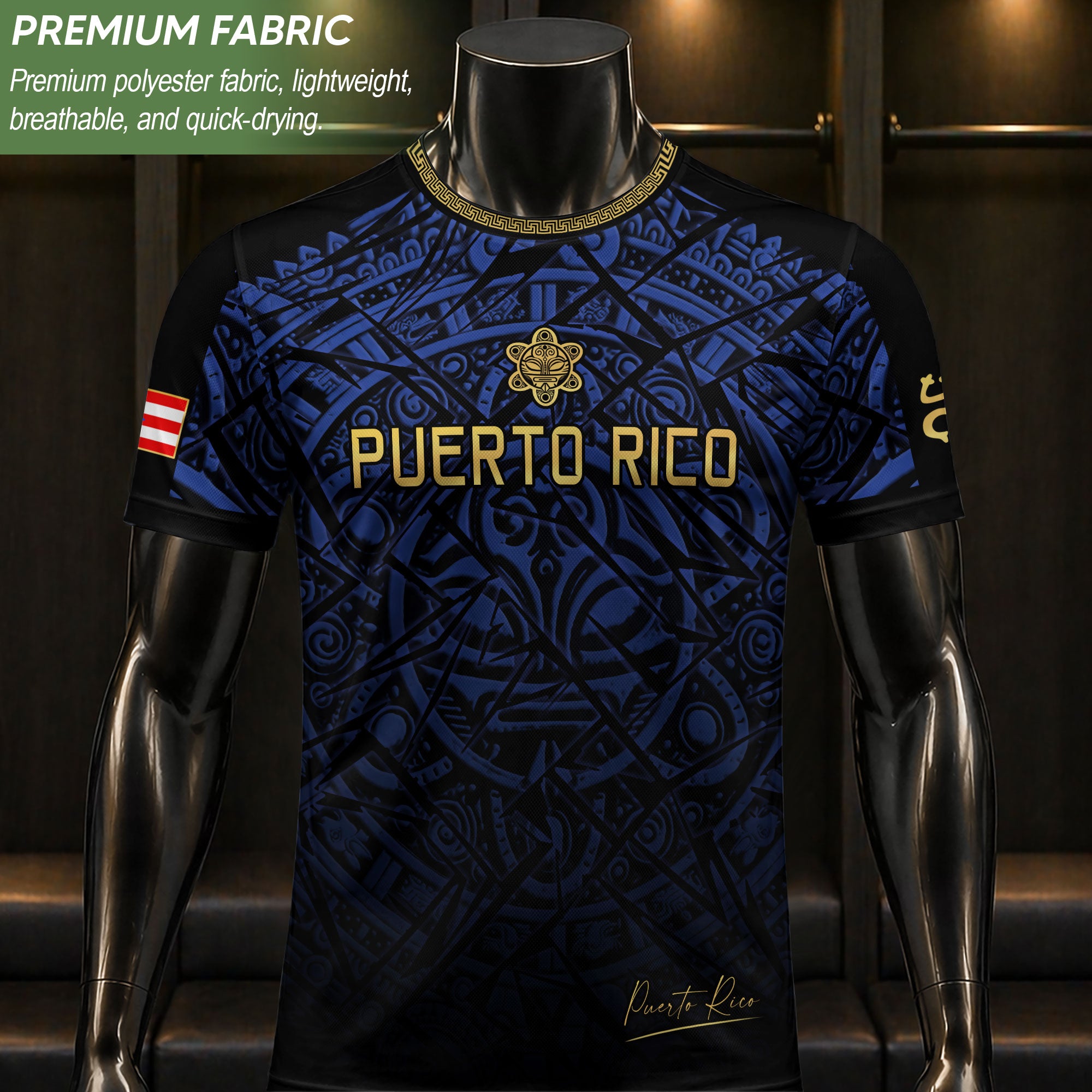 Camiseta de fútbol con máscara taína boricua azul marino de Puerto Rico, bandera tribal, orgullo nacional
