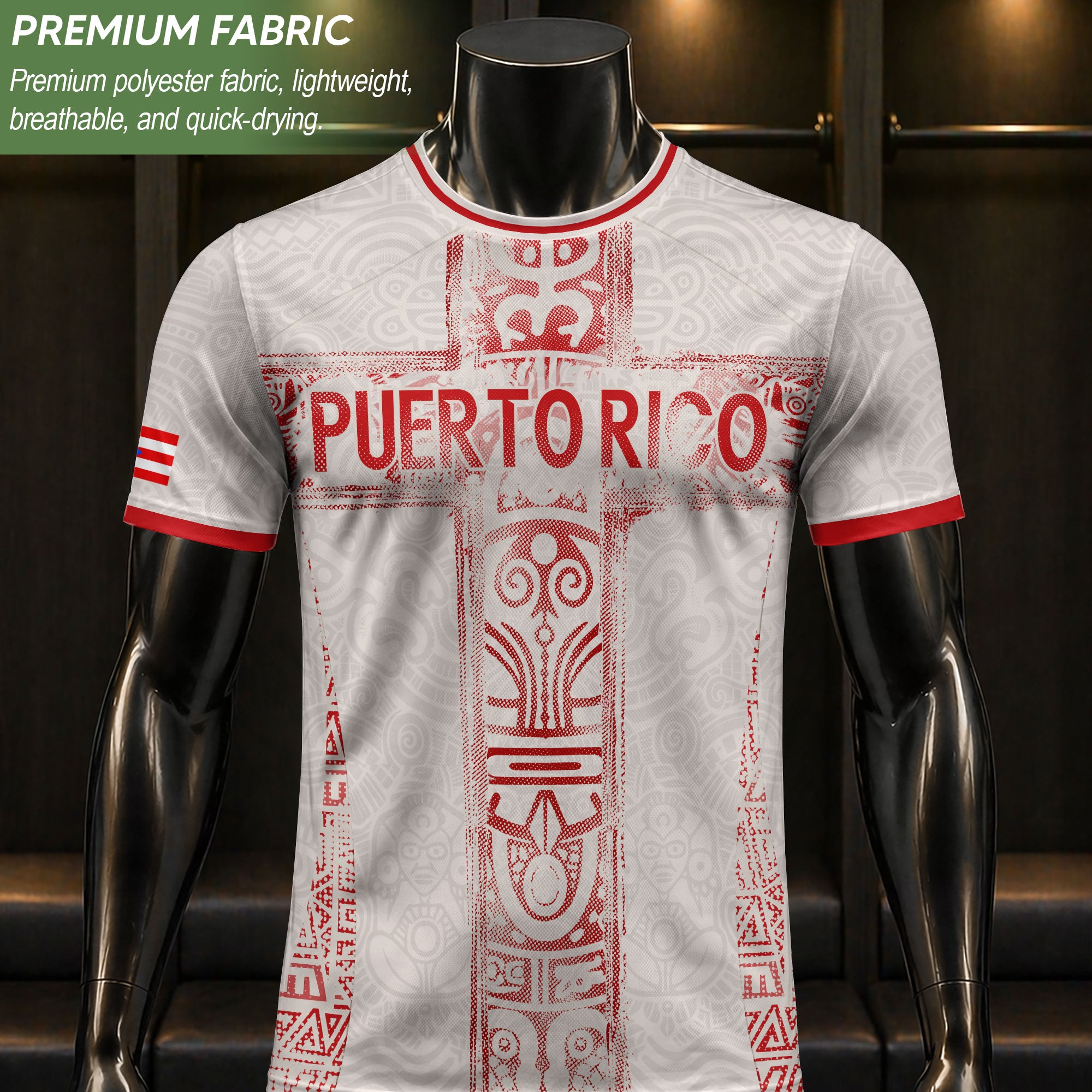 Puerto Rico Soccer Jersey Beige Red Taino Cross Turtle Tribal Pride Apparel