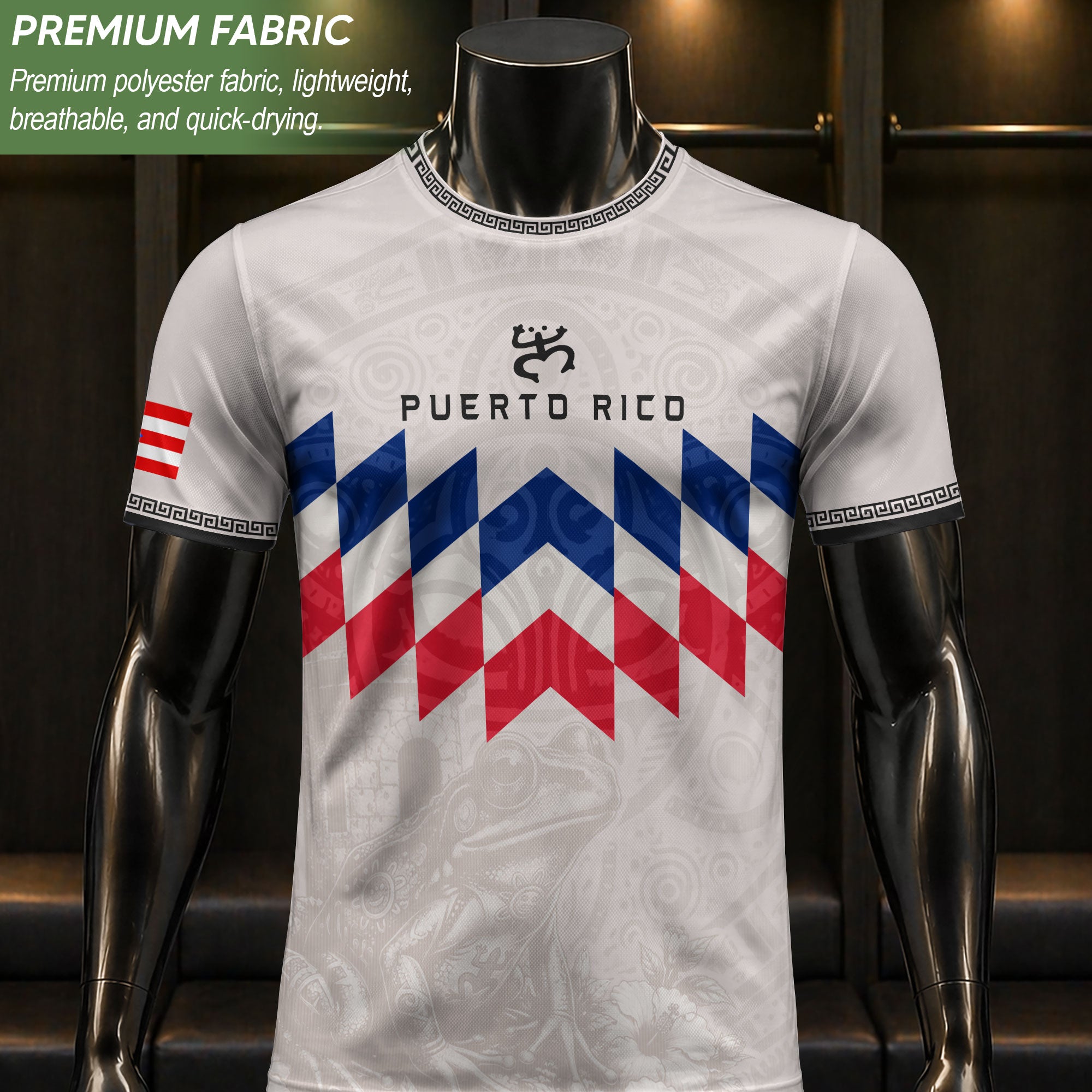 Puerto Rico Soccer Jersey Beige Red Blue Geometric Coqui Tribal Pride Apparel