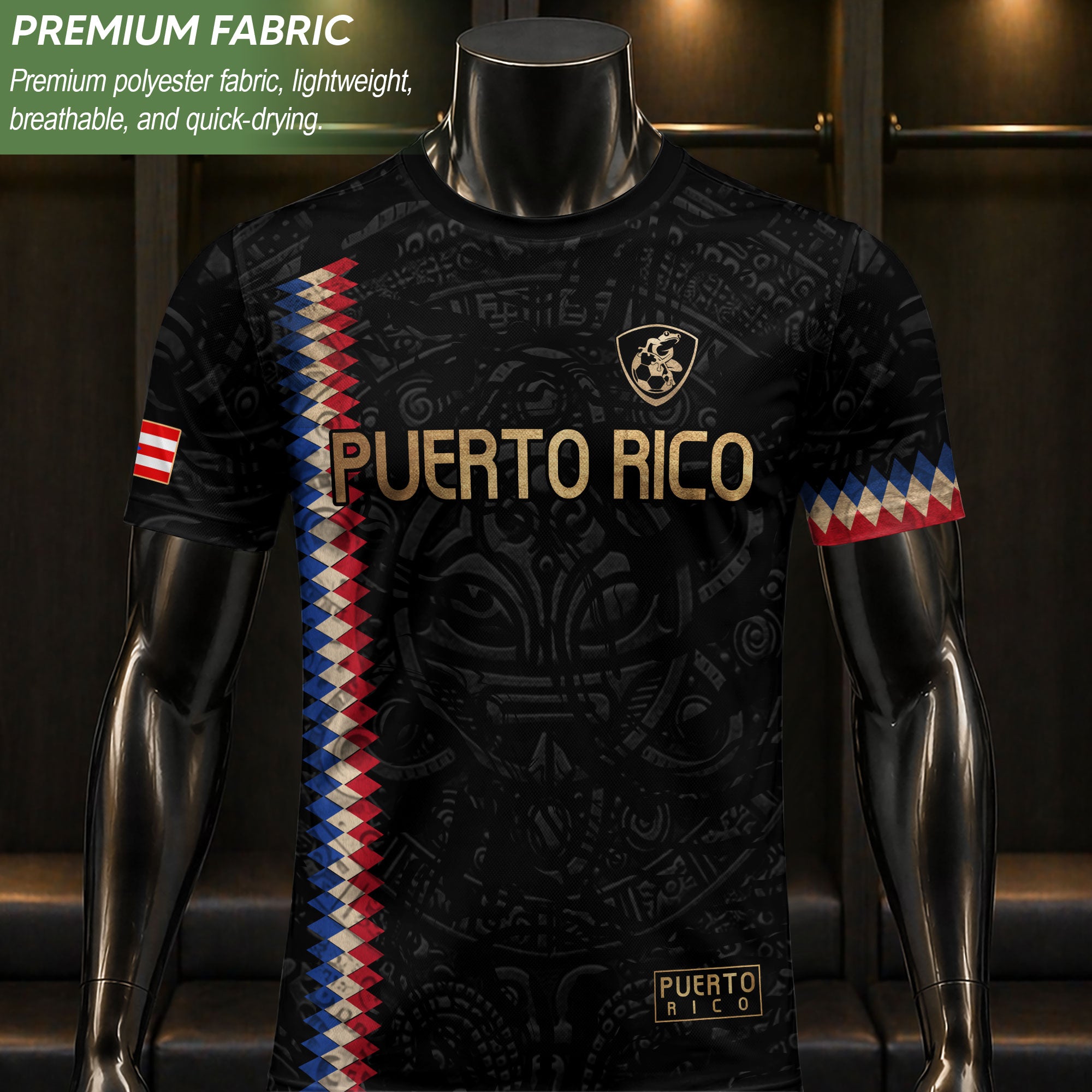 Camiseta de fútbol con máscara taína boricua azul marino de Puerto Rico, bandera tribal, orgullo nacional