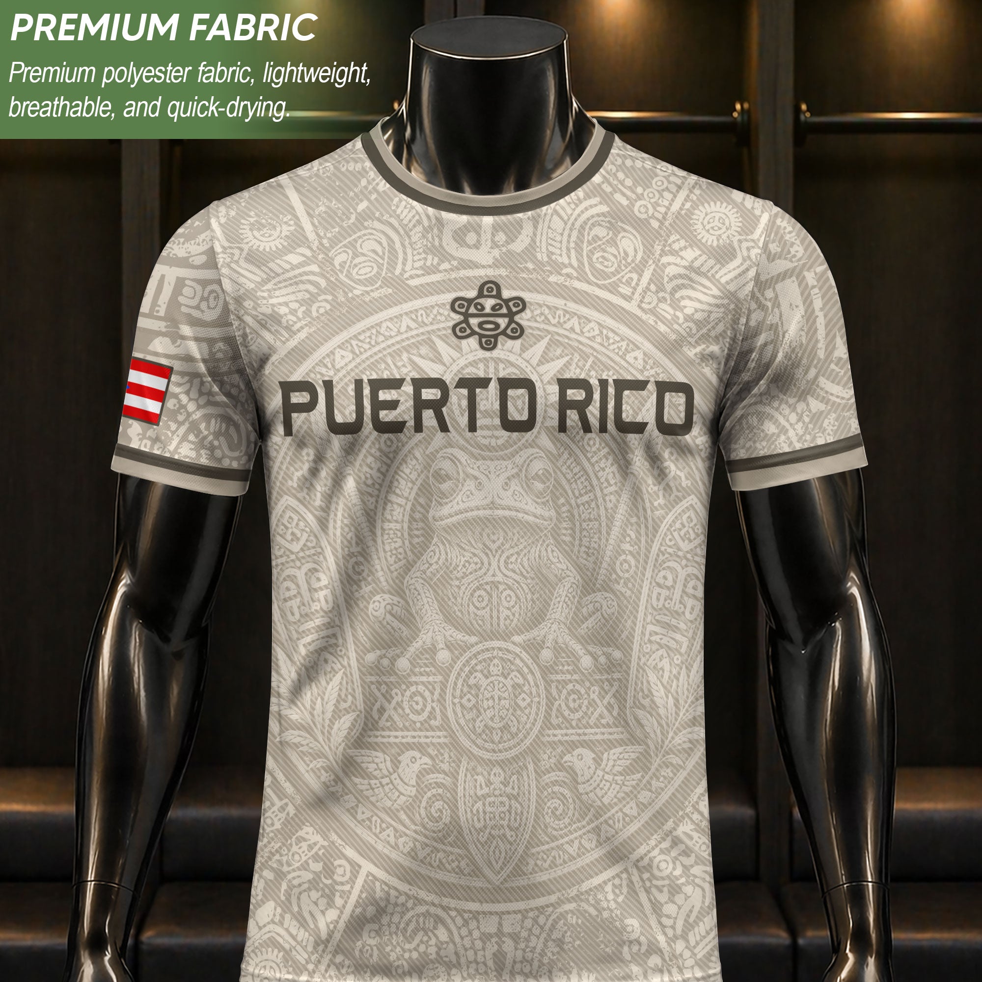Beige Puerto Rico Soccer Jersey Coqui Frog Taino Sun Graphic Tee Puerto Rican Heritage