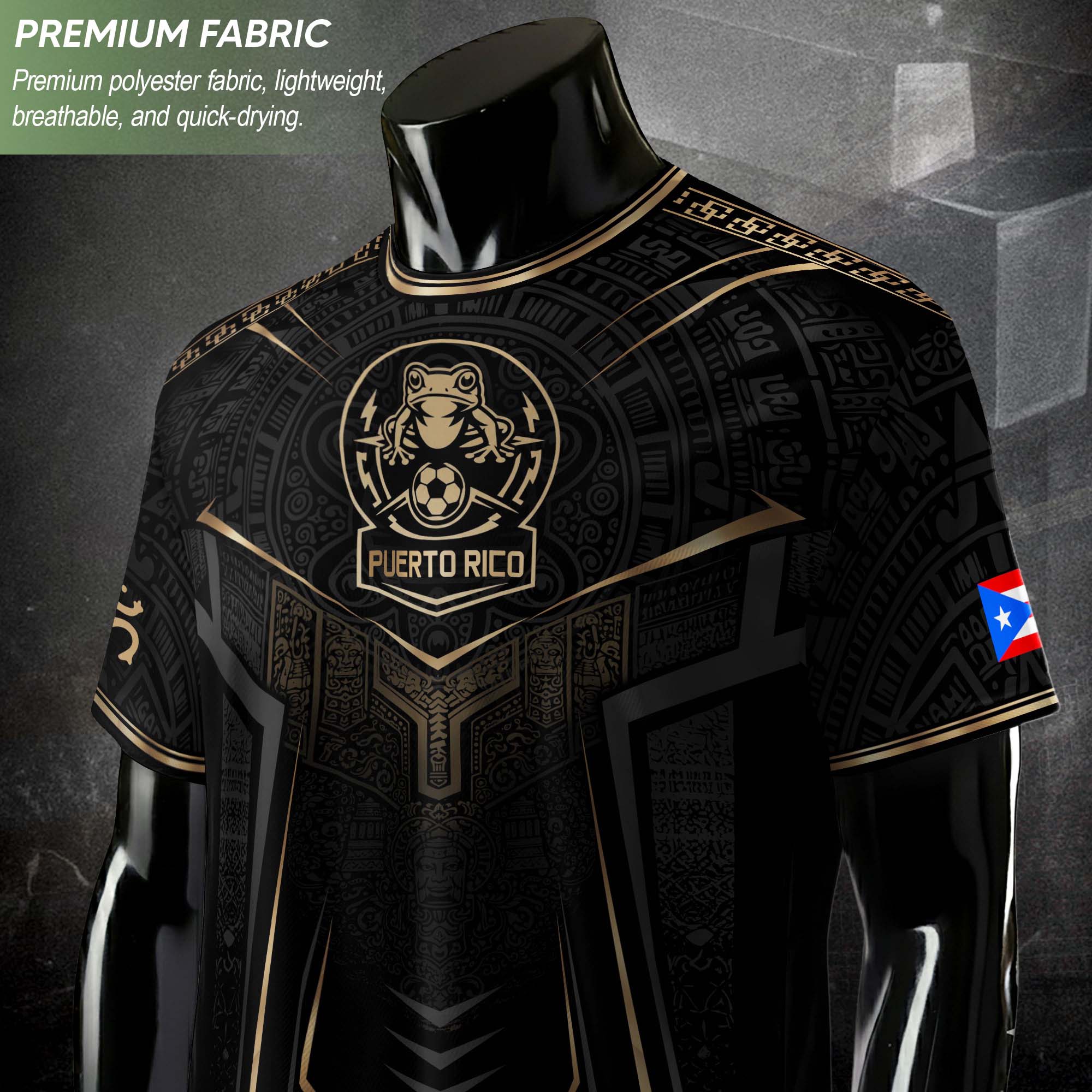 Black Puerto Rico Soccer Jersey Gold Coquí Frog Crest - Taino Sun Tribal Football Shirt