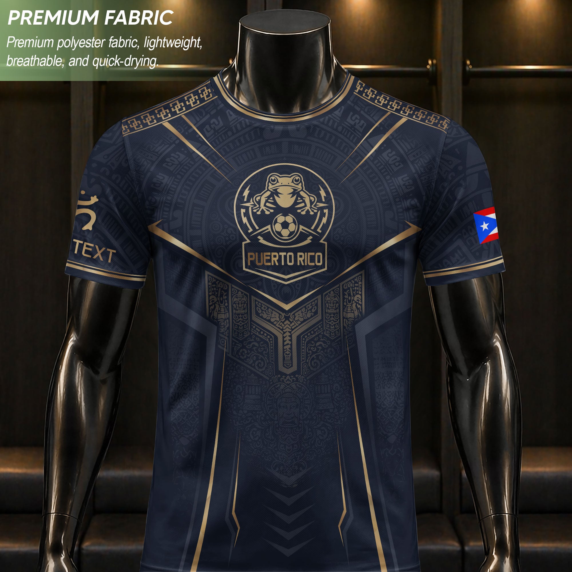 Personalized Puerto Rico Soccer Jersey Taino Coqui Frog Navy Gold Football Shirt