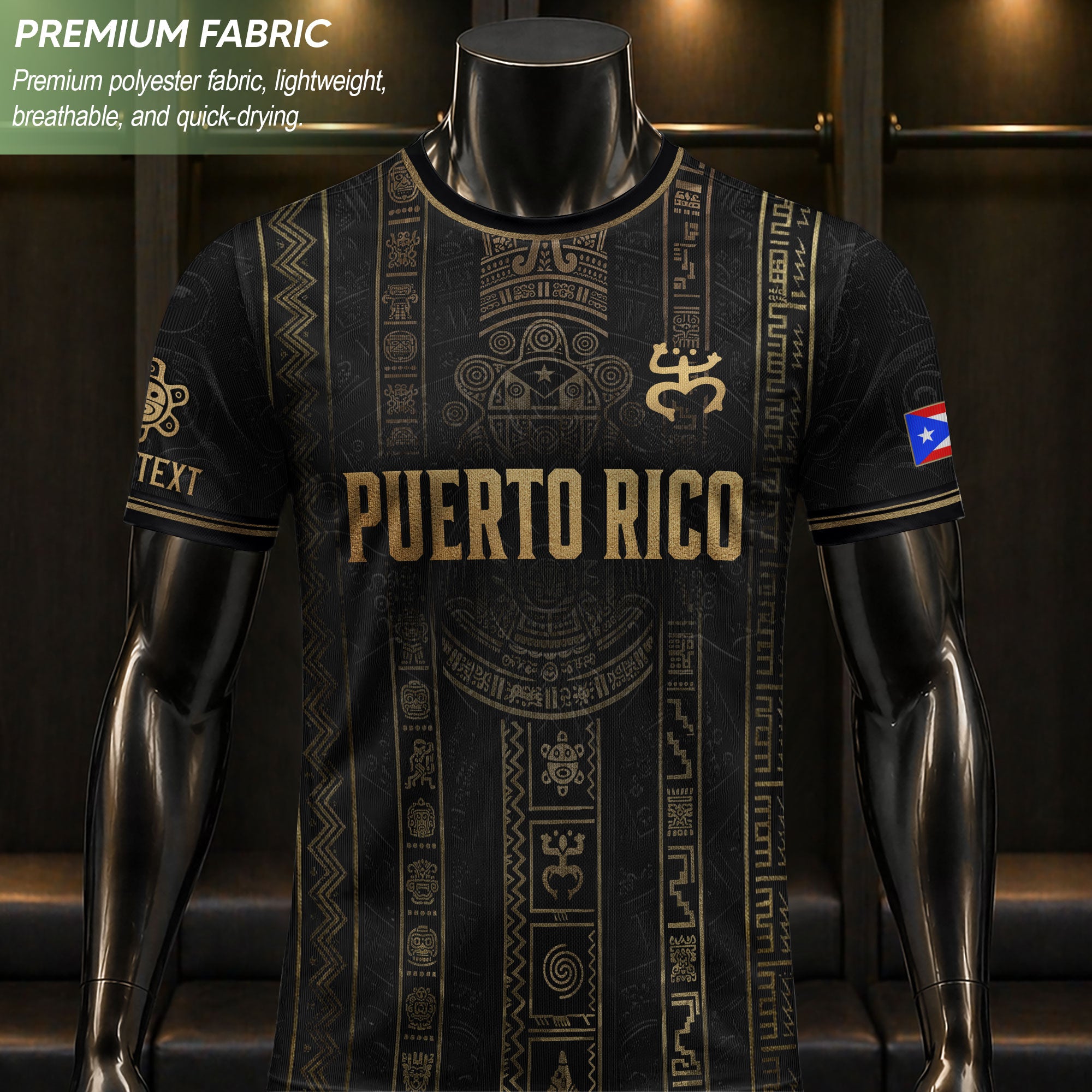 Puerto Rico Soccer Jersey Taino Petroglyph Black Gold Personalized Football Shirt