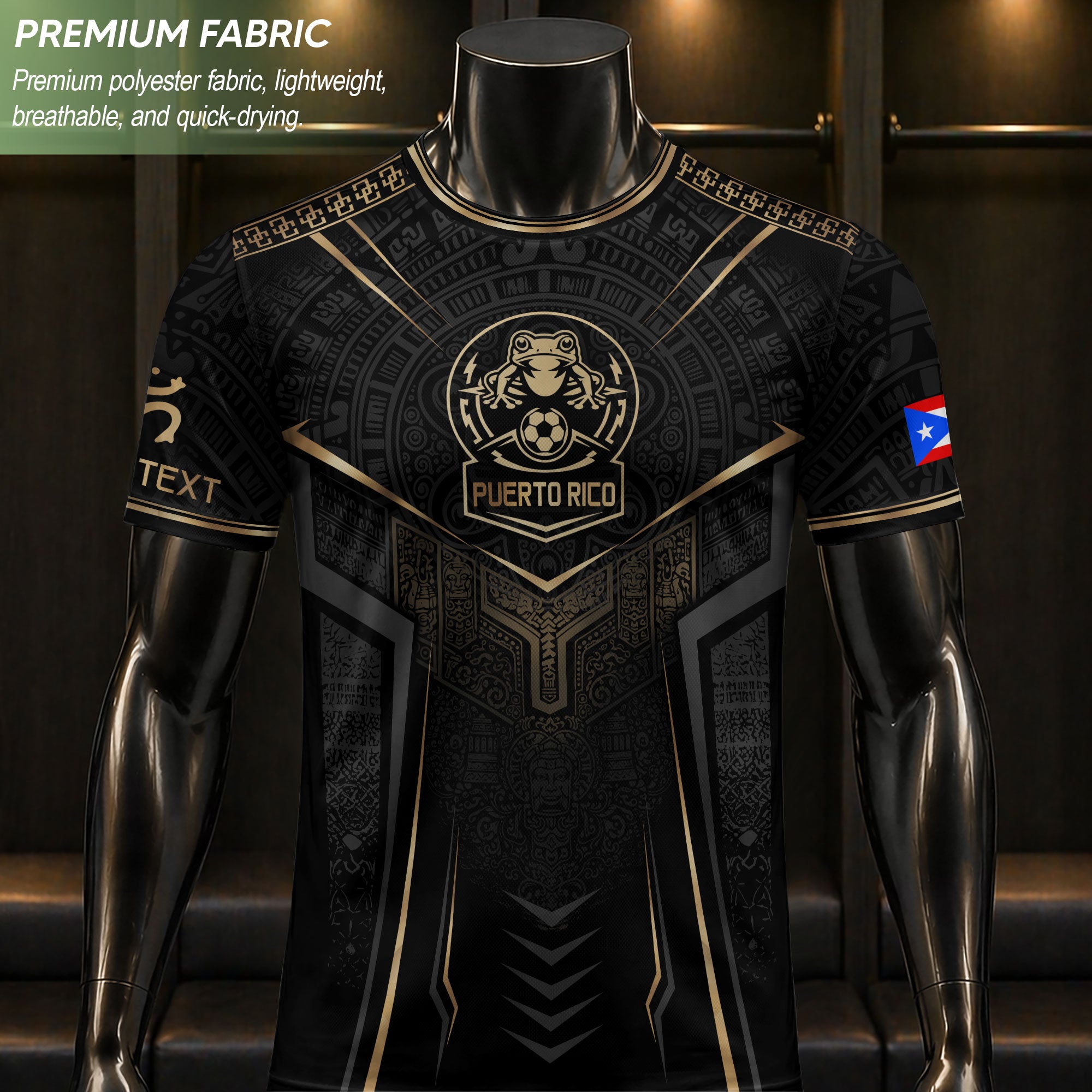 Custom Black Puerto Rico Soccer Jersey Taino Coqui Gold Frog Football Shirt