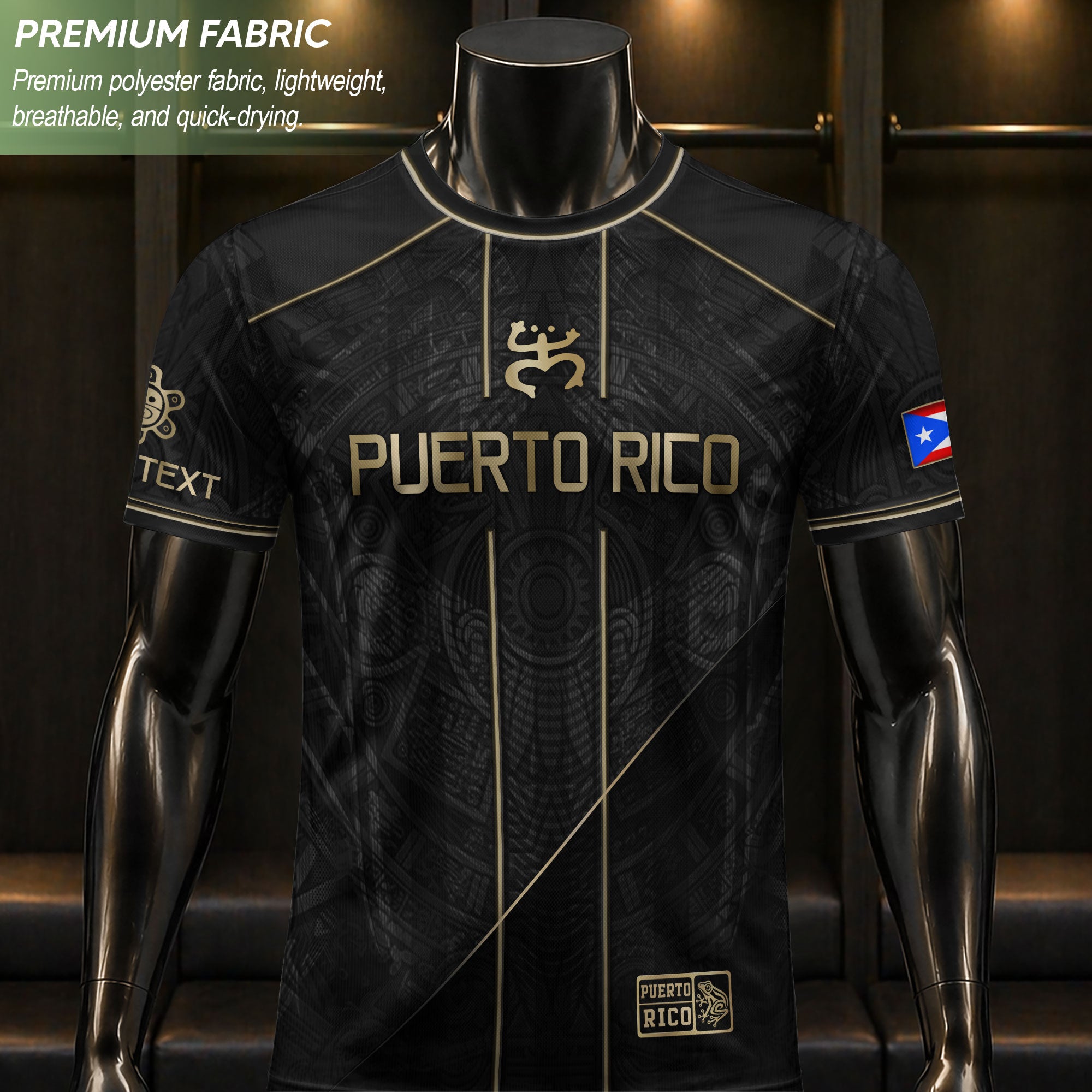 Puerto Rico Soccer Jersey Black Gold Taino Symbol Personalized Football Shirt