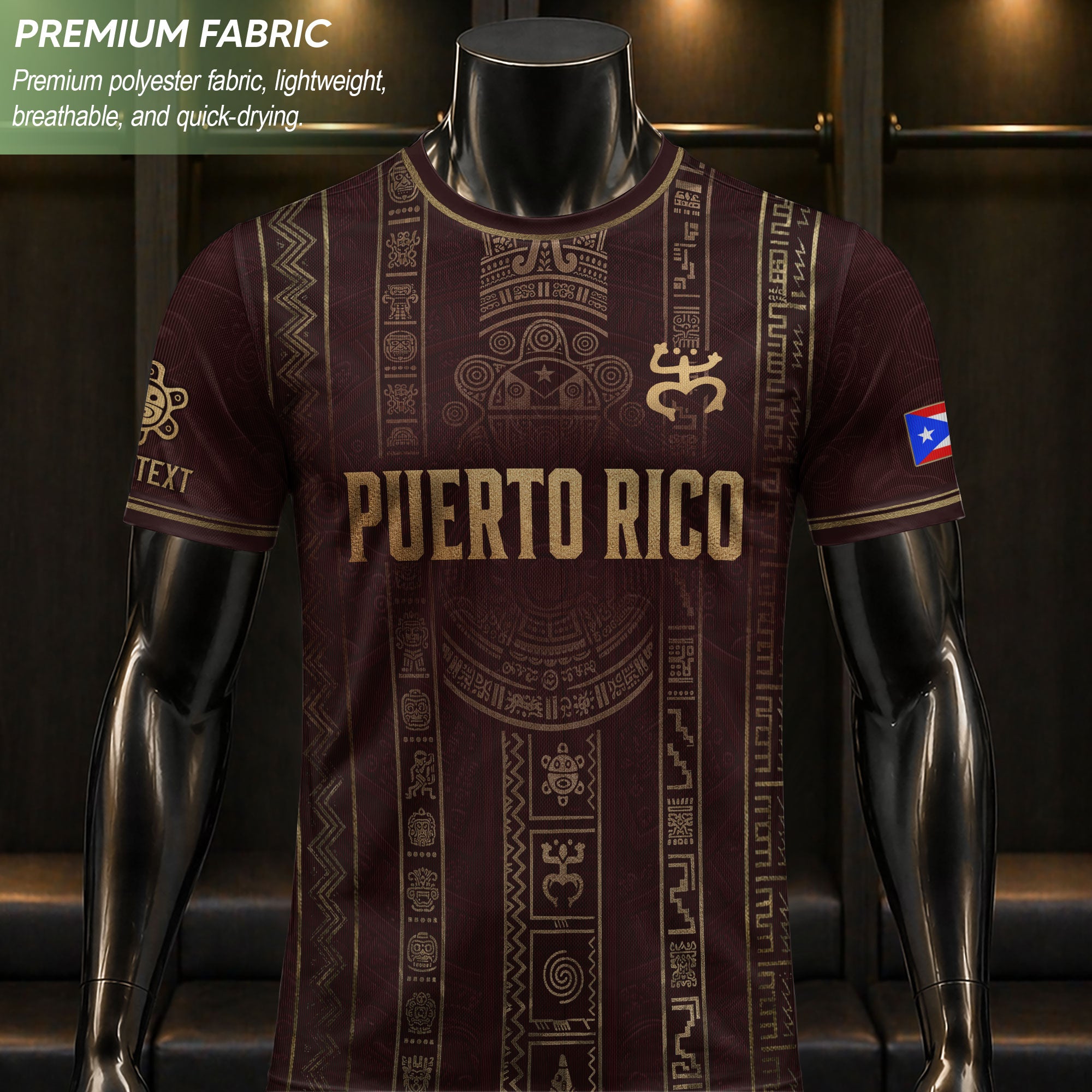 Personalized Puerto Rico Soccer Jersey Maroon Gold Taino Petroglyph Football Shirt
