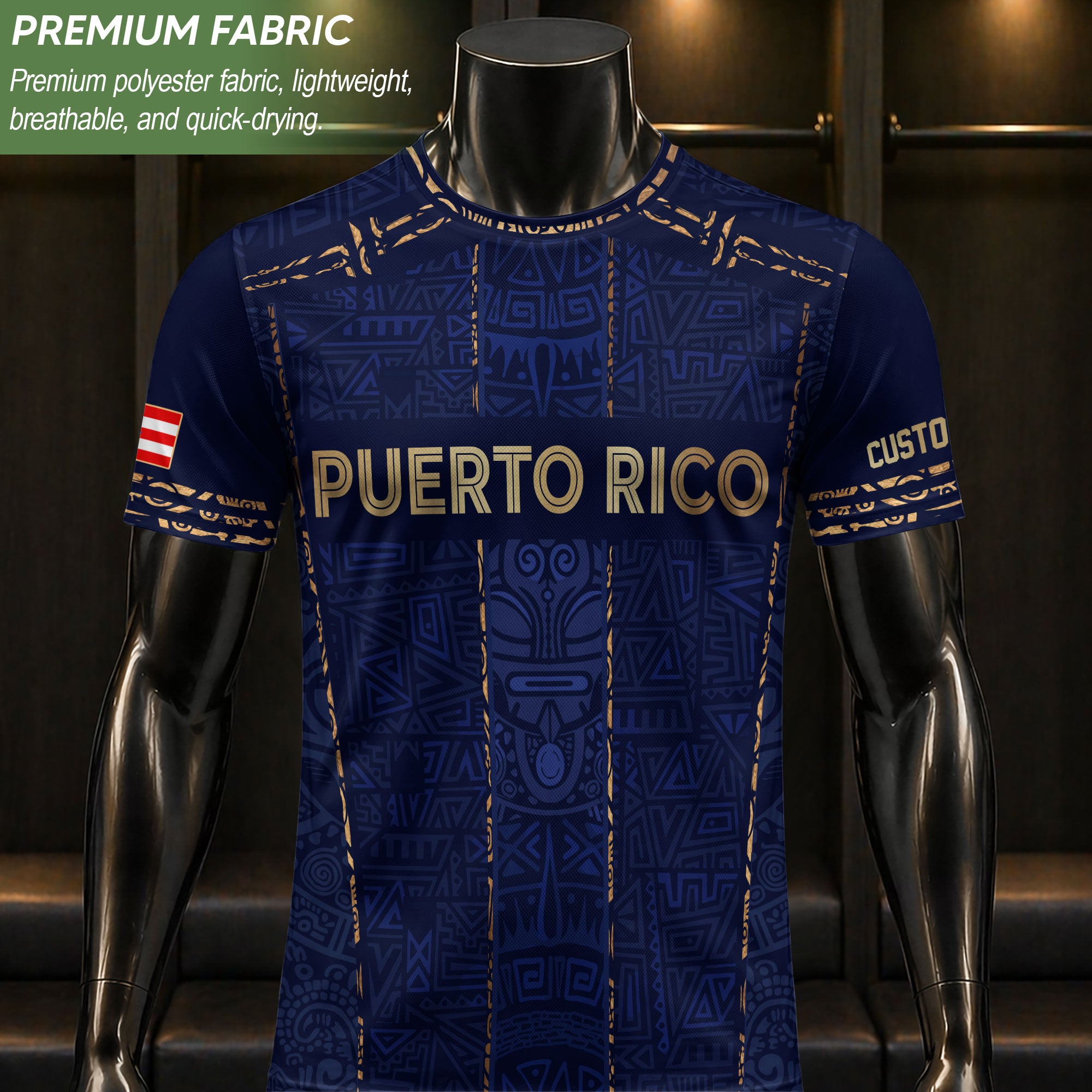 Custom Puerto Rico Soccer Jersey Navy Gold Taino Symbols Boricua Pride