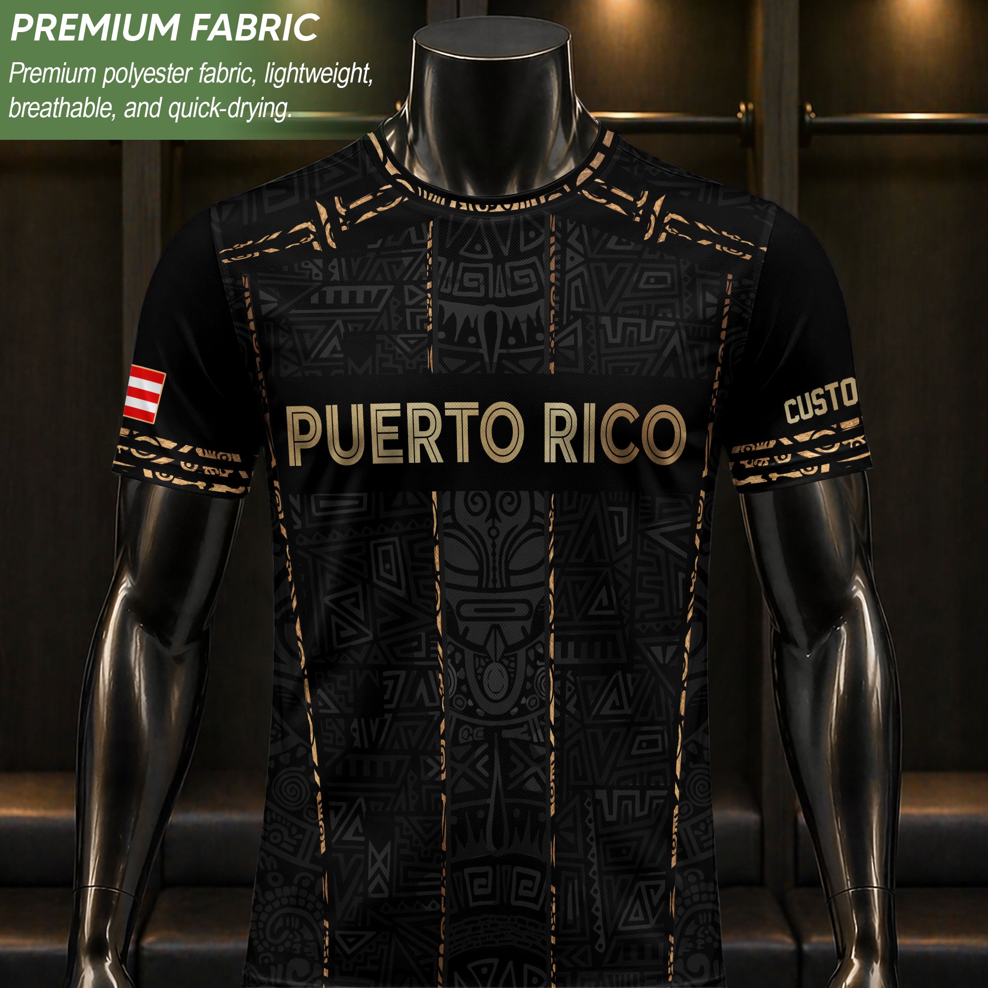 Puerto Rico Jersey Black Gold Stripes Taino Culture Personalized Sportswear