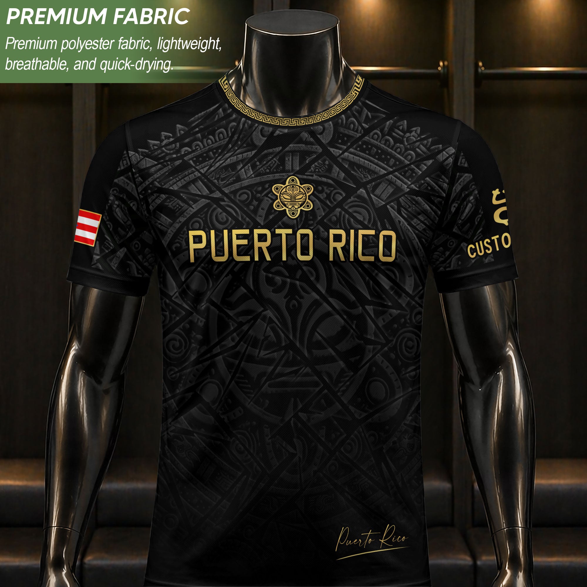 Custom Name Puerto Rico Jersey Black Gold Taino Symbols Boricua Sportswear