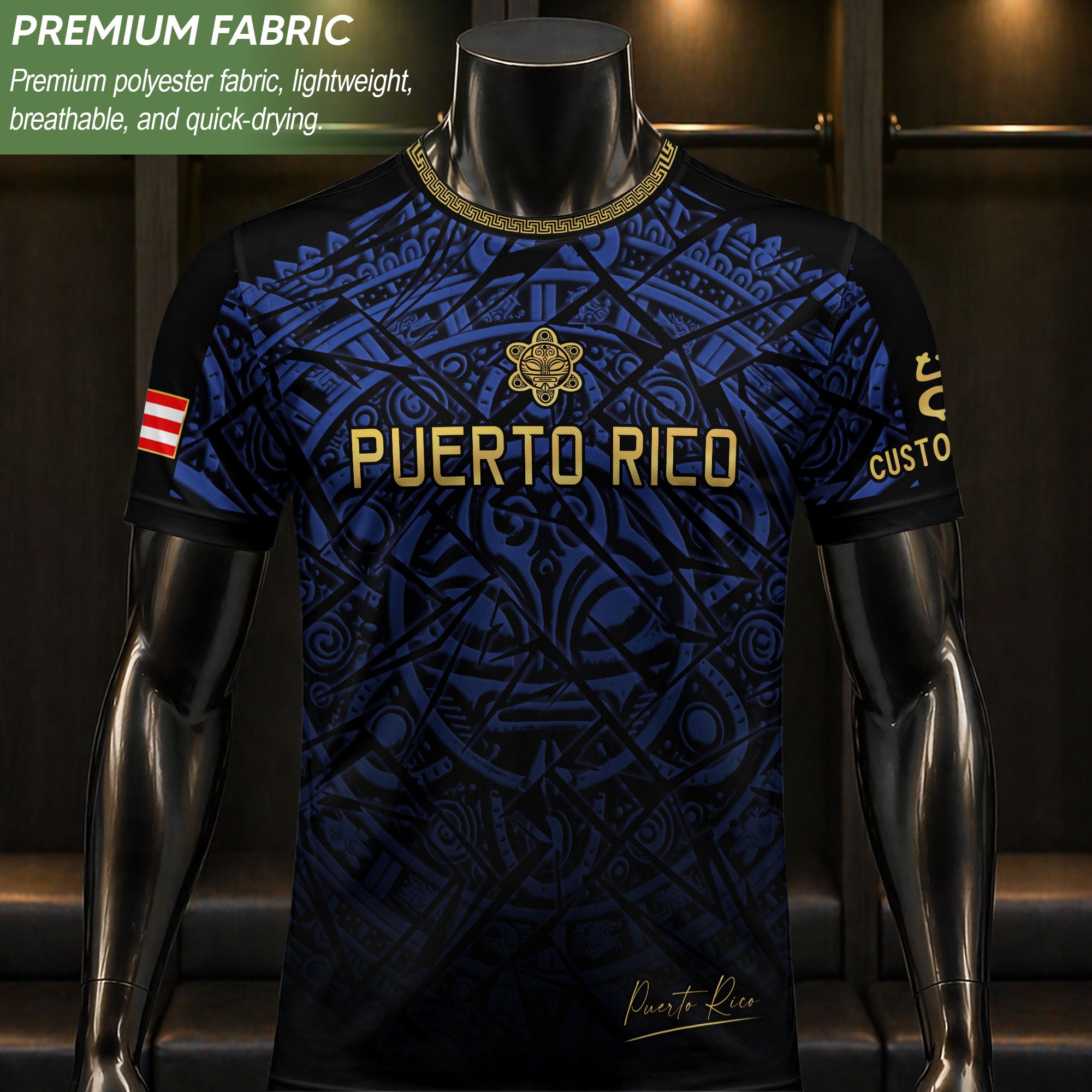 Camiseta de fútbol con máscara taína boricua azul marino de Puerto Rico, bandera tribal, orgullo nacional