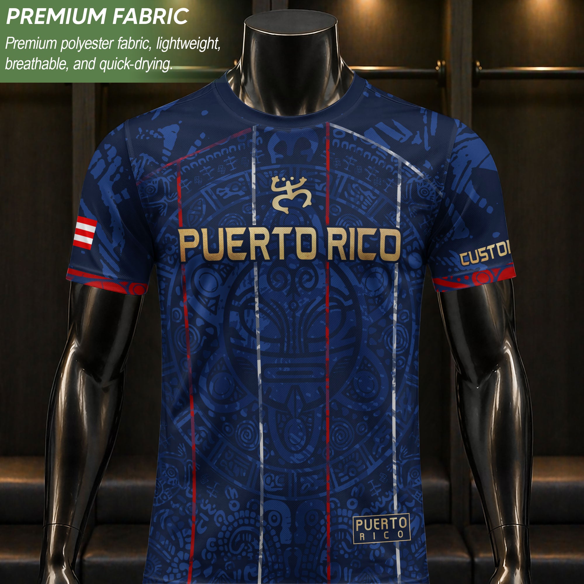 Puerto Rico Custom Soccer Jersey Navy Blue Gold Text Coqui Frog Boricua Pride Gif