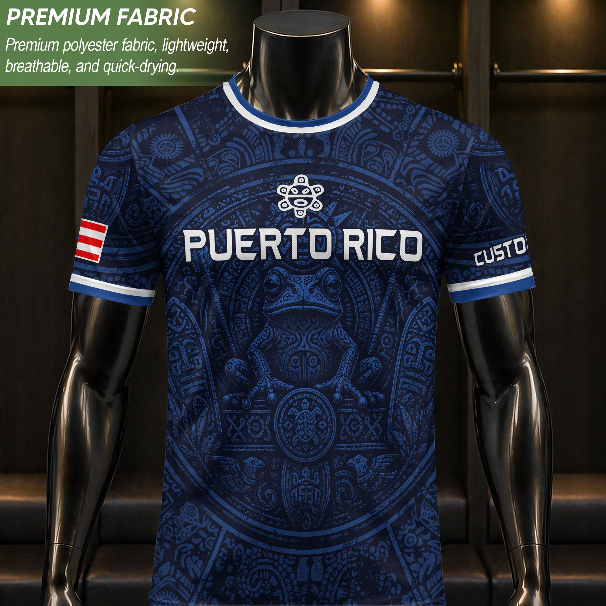 Personalized Puerto Rico Soccer Jersey Navy Blue with Taino Coqui Frog Design