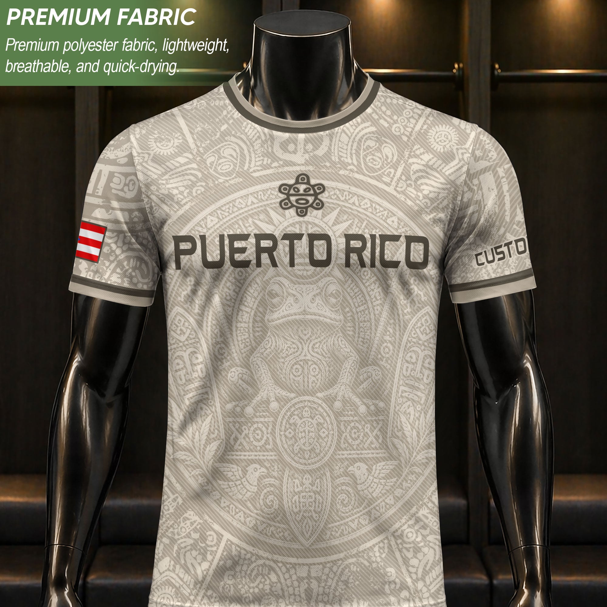 Camiseta de fútbol con máscara taína boricua azul marino de Puerto Rico, bandera tribal, orgullo nacional