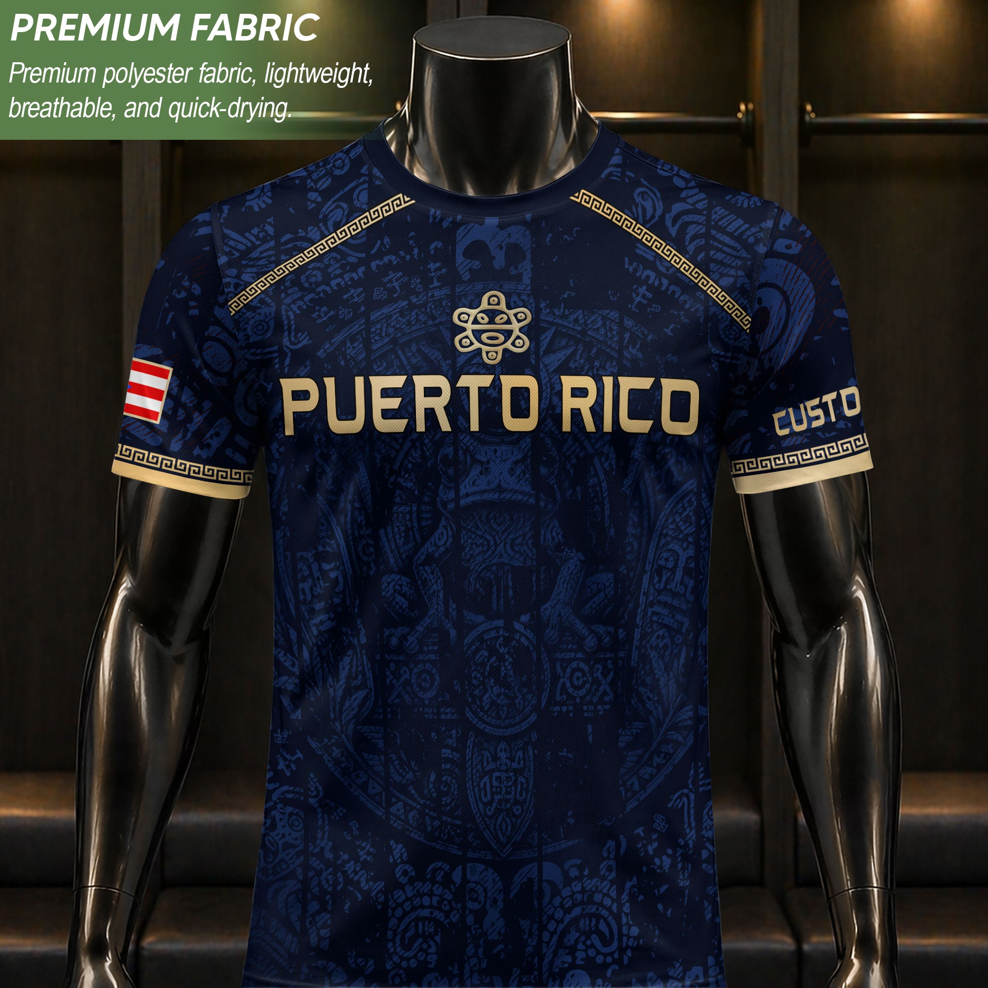 Personalized Name Puerto Rico Soccer Jersey Navy Blue Taino Gold Design Boricua Pride