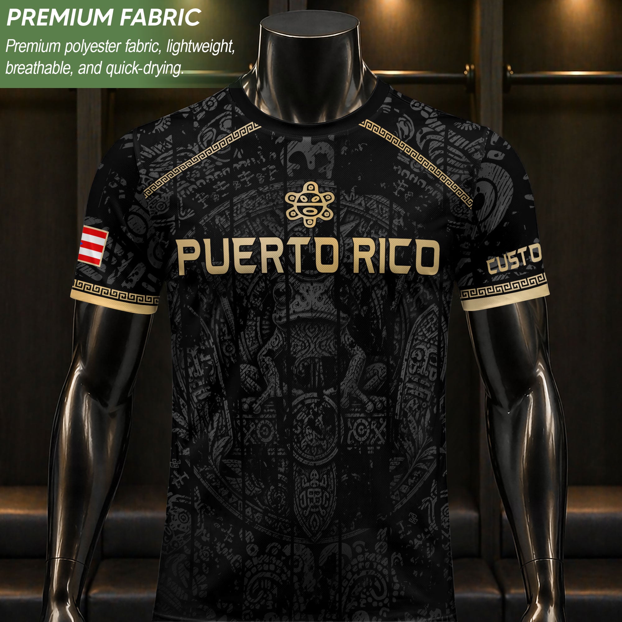 Personalized Name Black Puerto Rico Soccer Jersey Taino Gold Design Boricua Pride