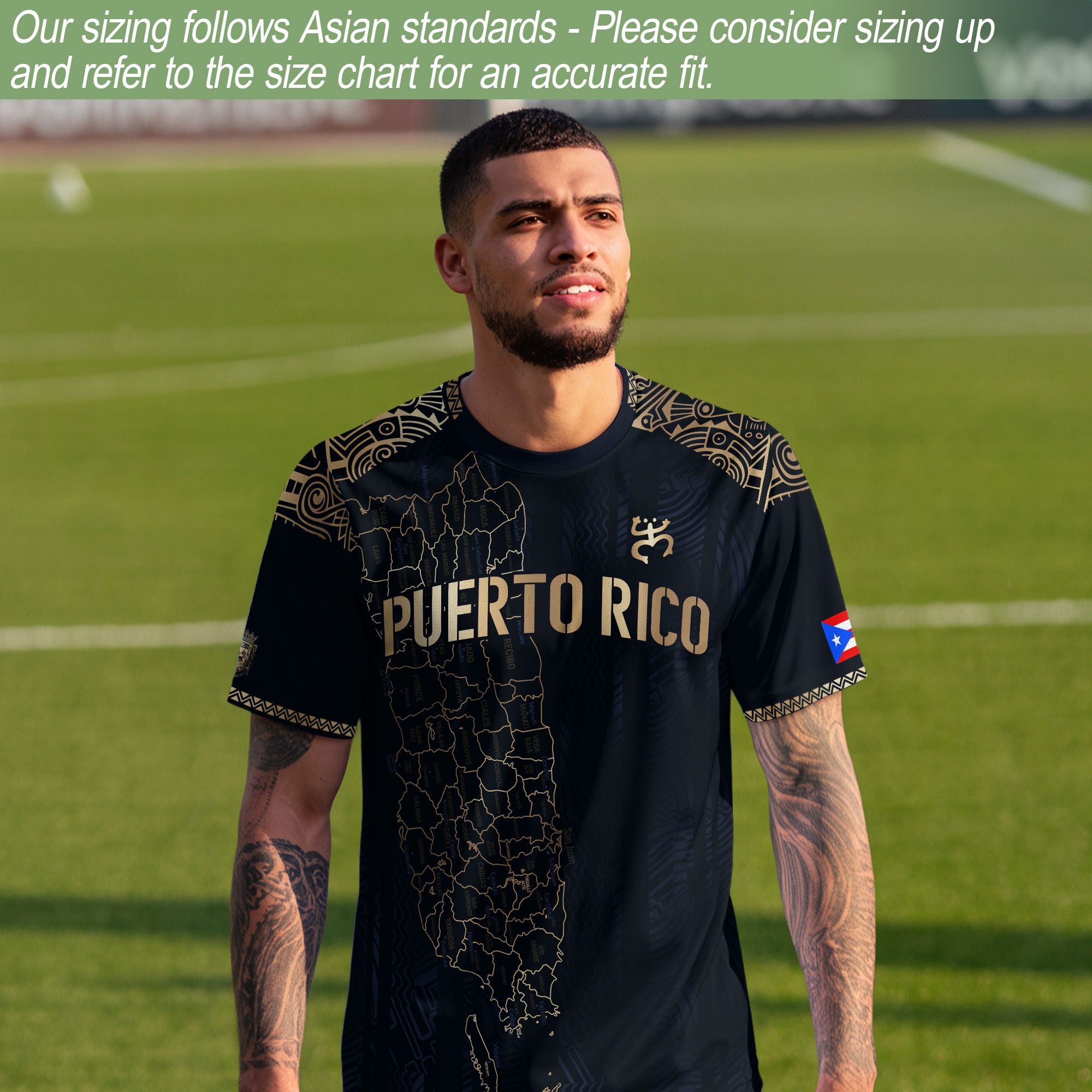 Camiseta de fútbol con máscara taína boricua azul marino de Puerto Rico, bandera tribal, orgullo nacional