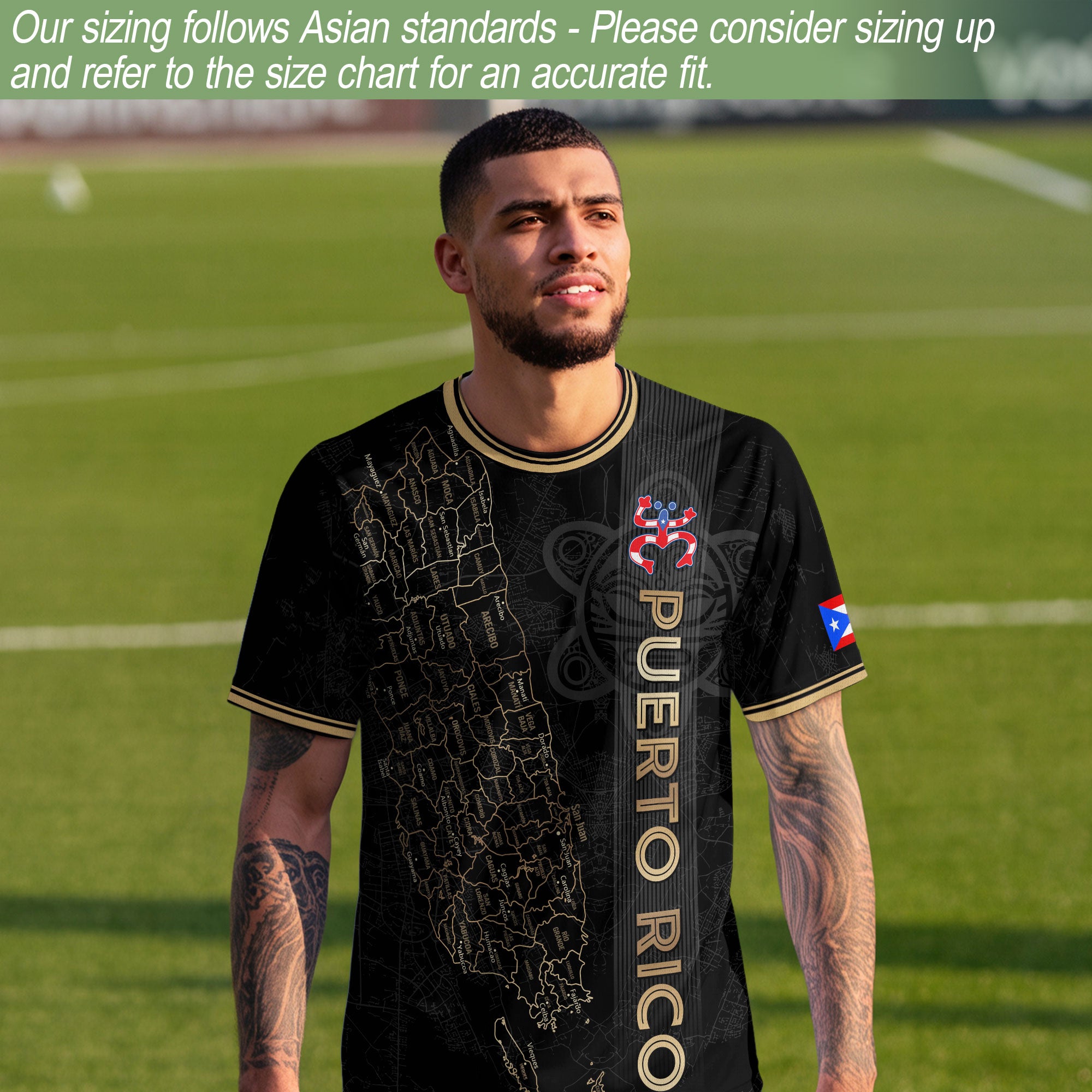 Camiseta nacional de fútbol con símbolos tribales boricuas y taínos de Puerto Rico en oro negro