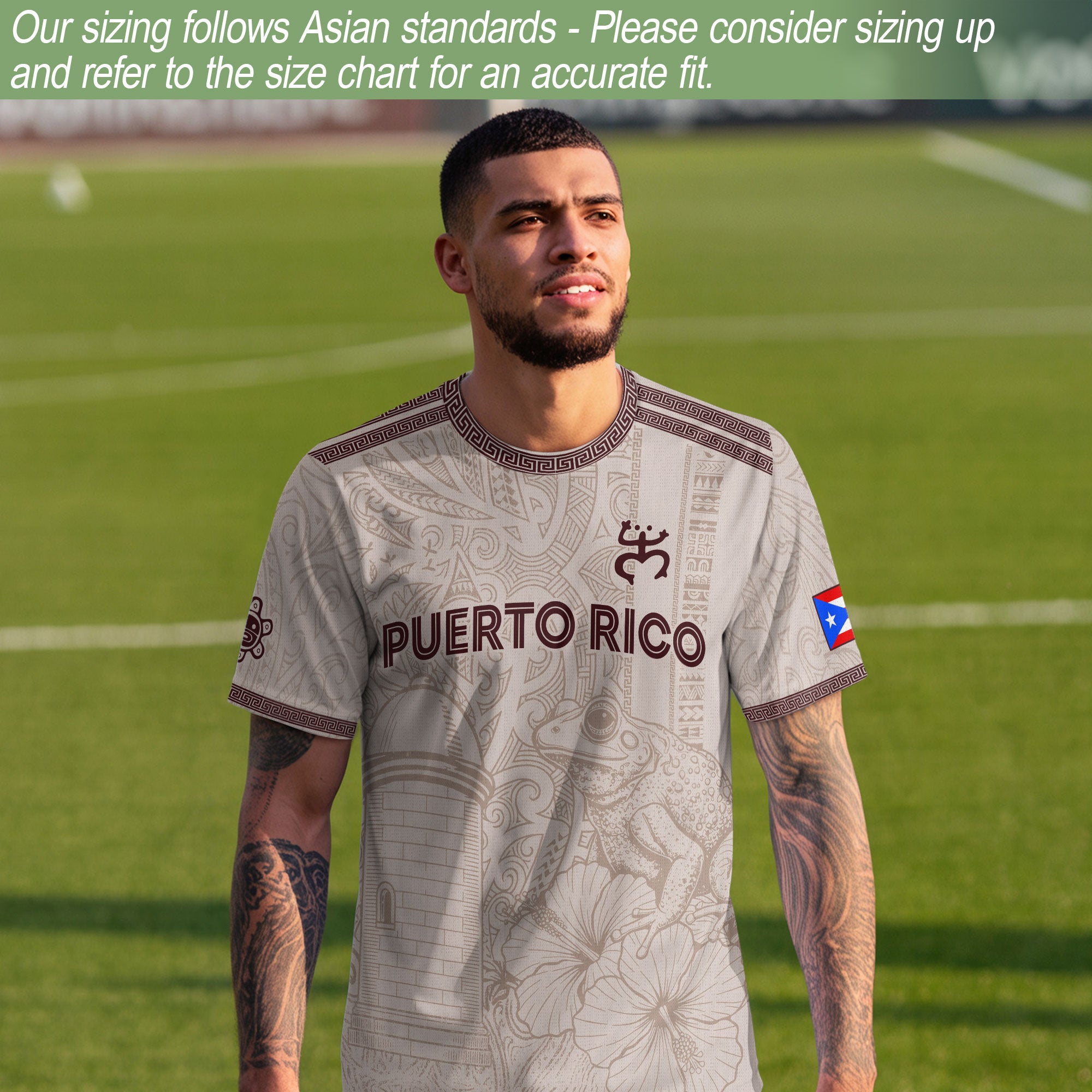 Camiseta de fútbol de Puerto Rico con símbolo tribal blanco burdeos y herencia nacional