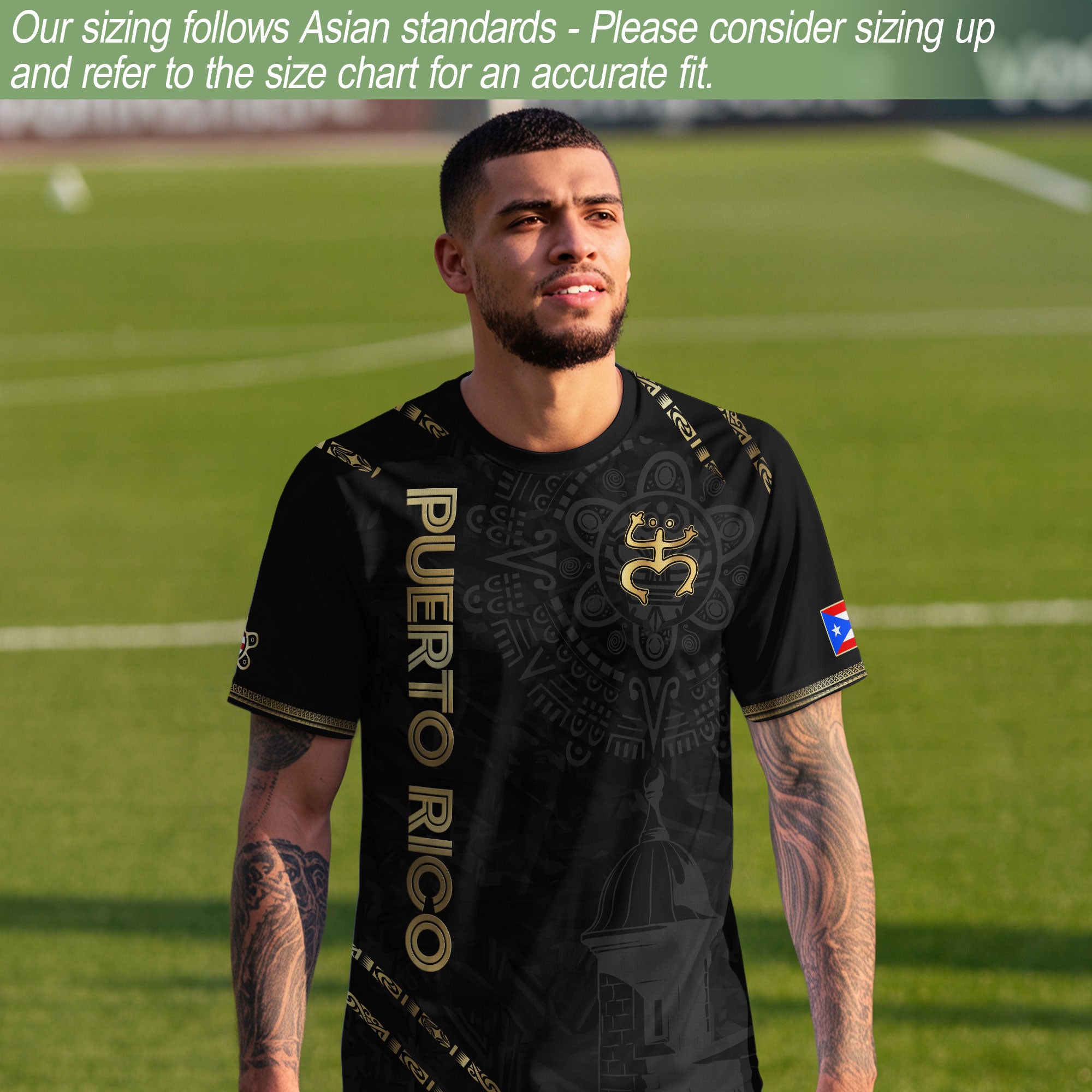 Camiseta de fútbol boricua de la herencia nacional del Sol Taino de la Rana Coquí Negra Dorada de Puerto Rico
