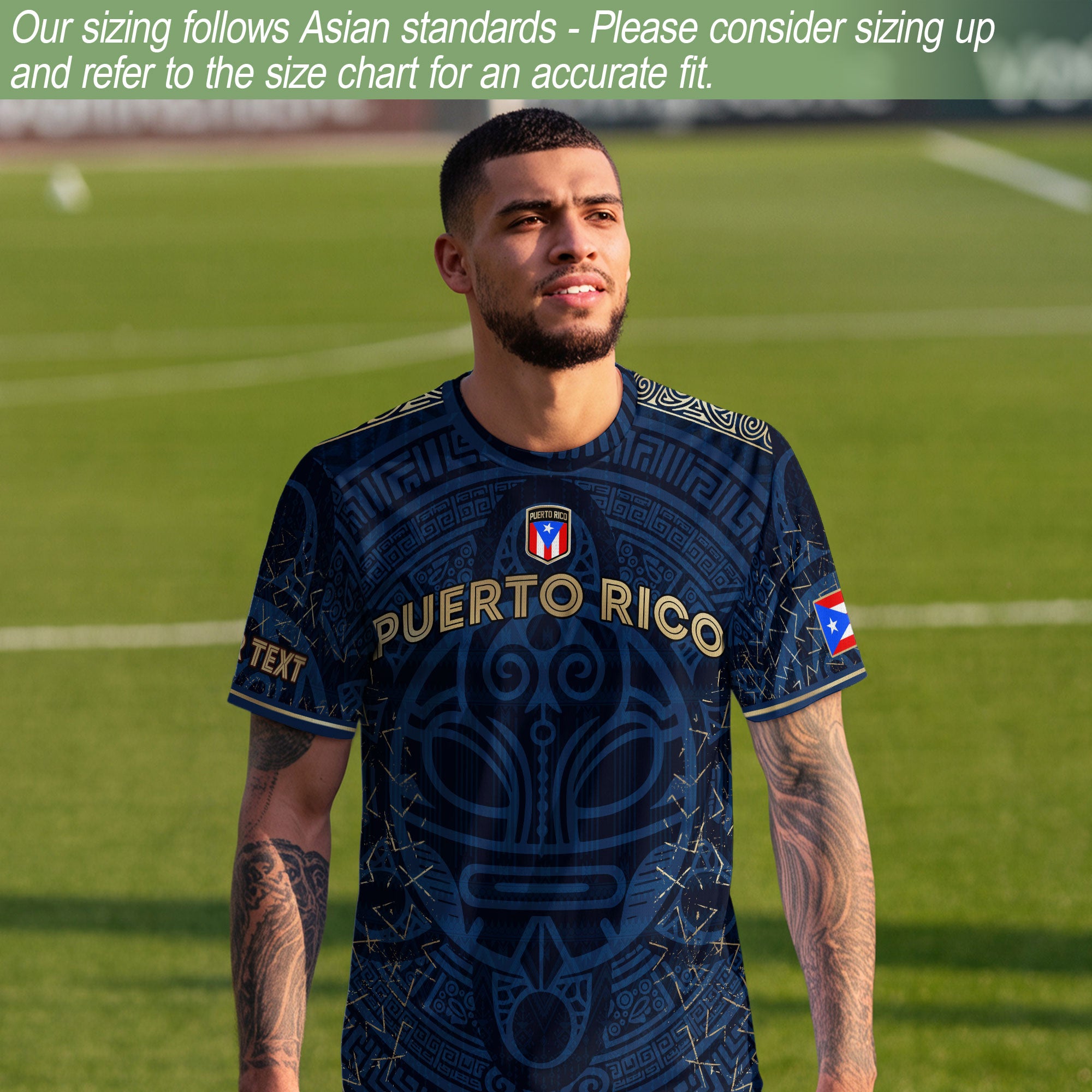 Camiseta de fútbol boricua de la herencia nacional con símbolo taíno azul real y dorado de Puerto Rico