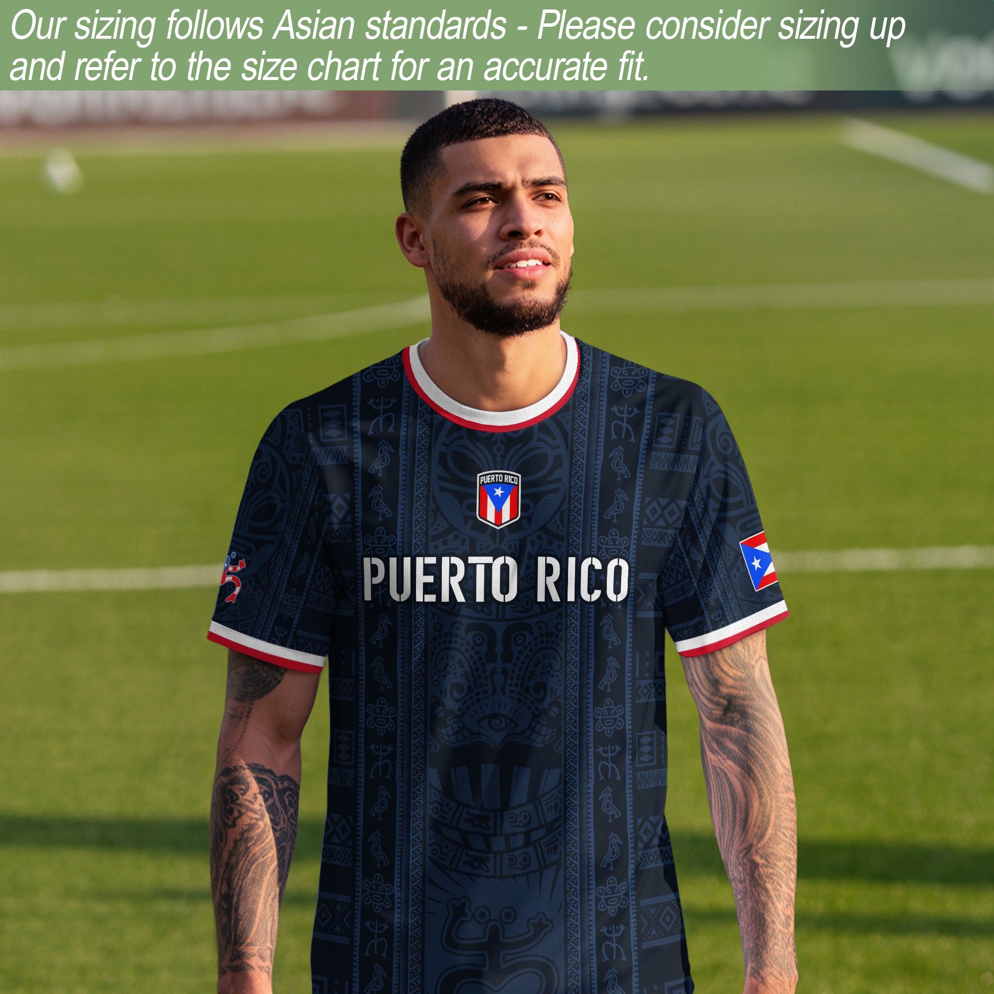 Camiseta de fútbol boricua de herencia nacional con patrón de símbolo taíno azul marino de Puerto Rico
