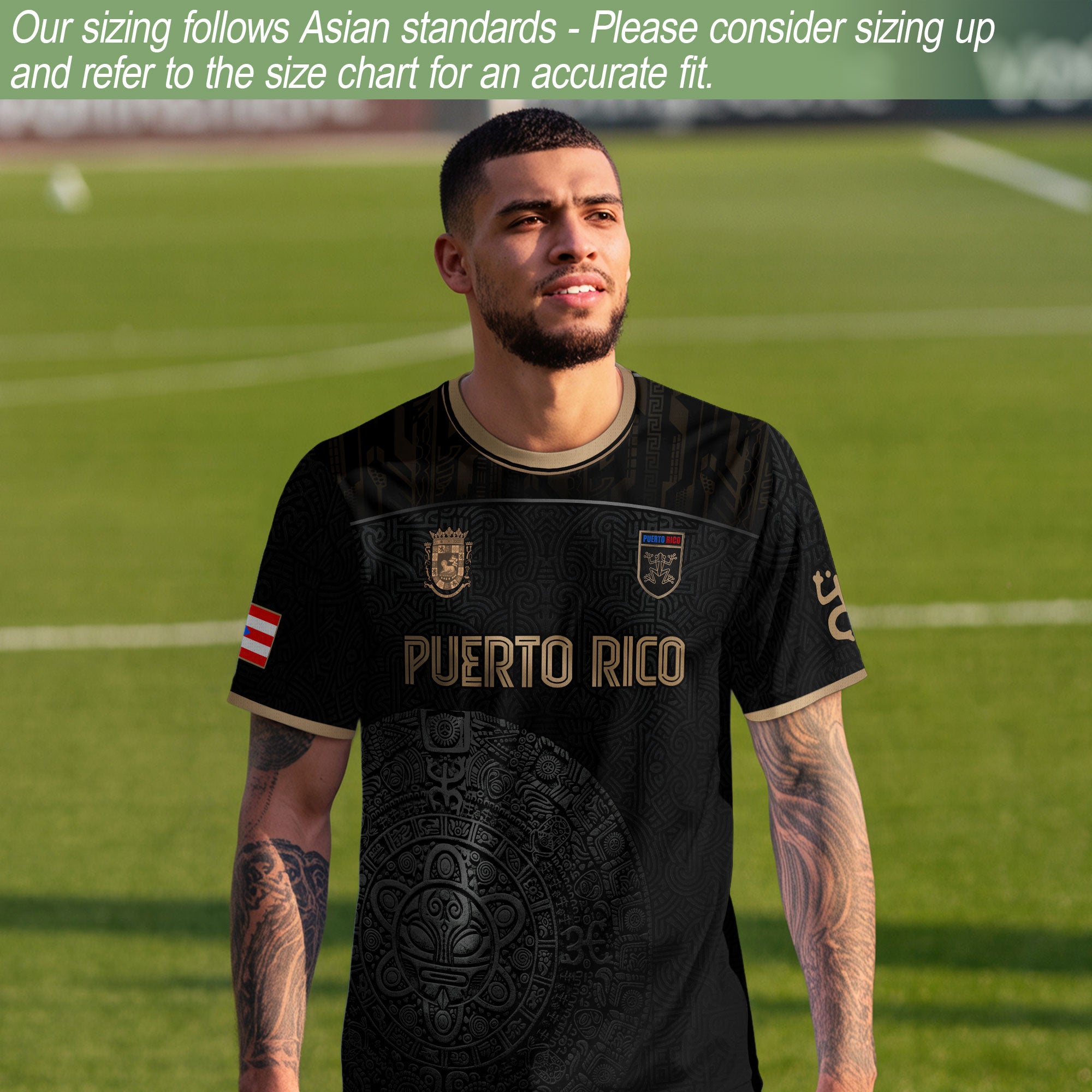 Camiseta de fútbol Puerto Rico Black Gold Taino Symbol Art National Heritage Boricua Pride