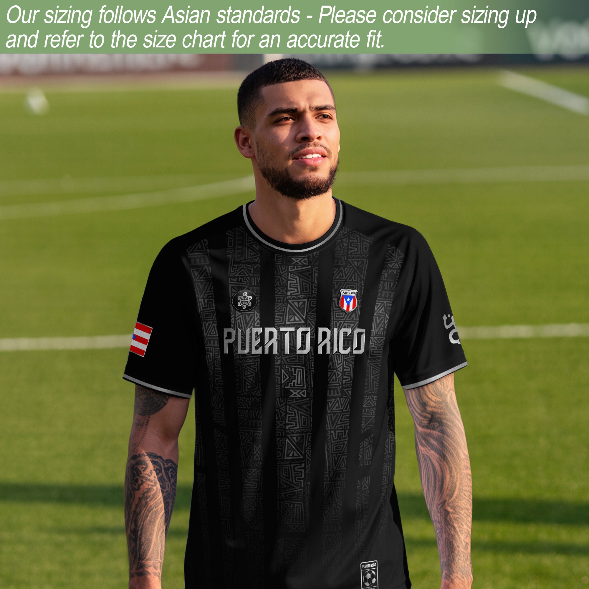 Camiseta de fútbol boricua con símbolo tribal negro y plateado de Puerto Rico
