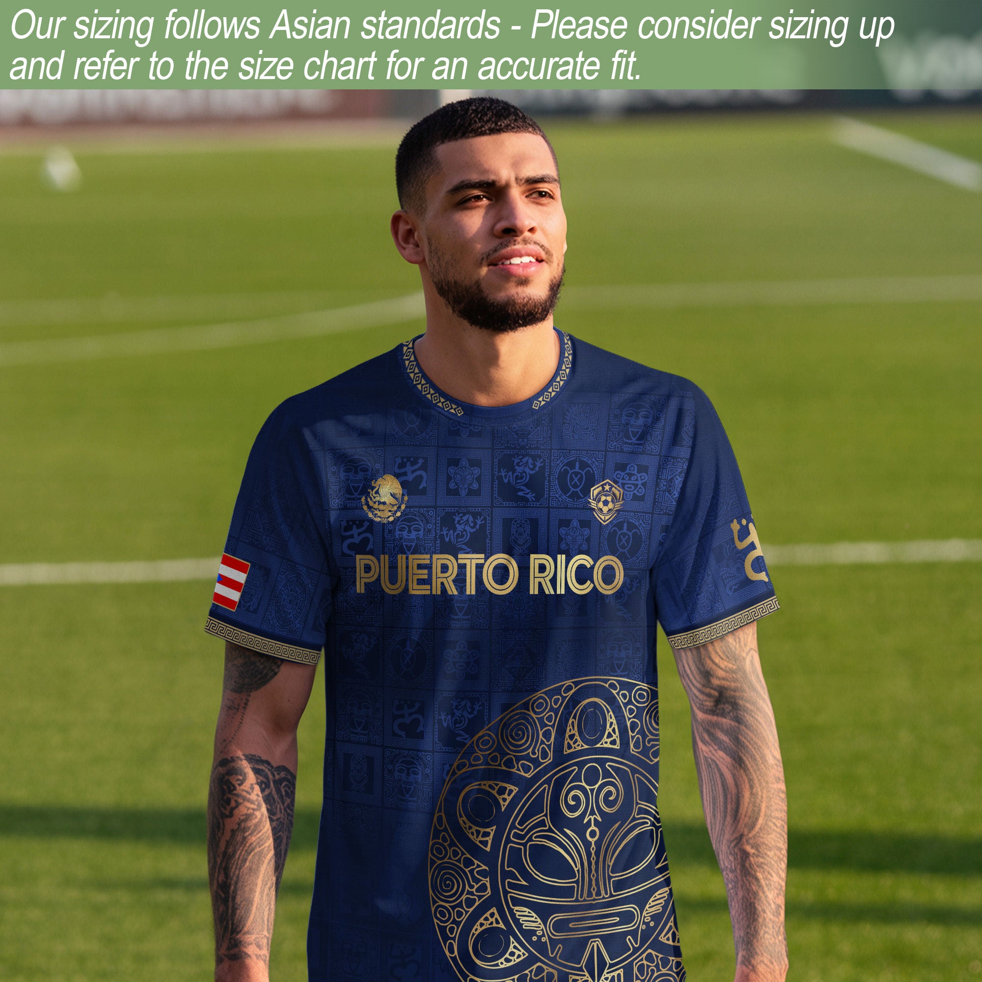 Camiseta de fútbol boricua con patrón de símbolo taíno dorado de la Marina de Puerto Rico