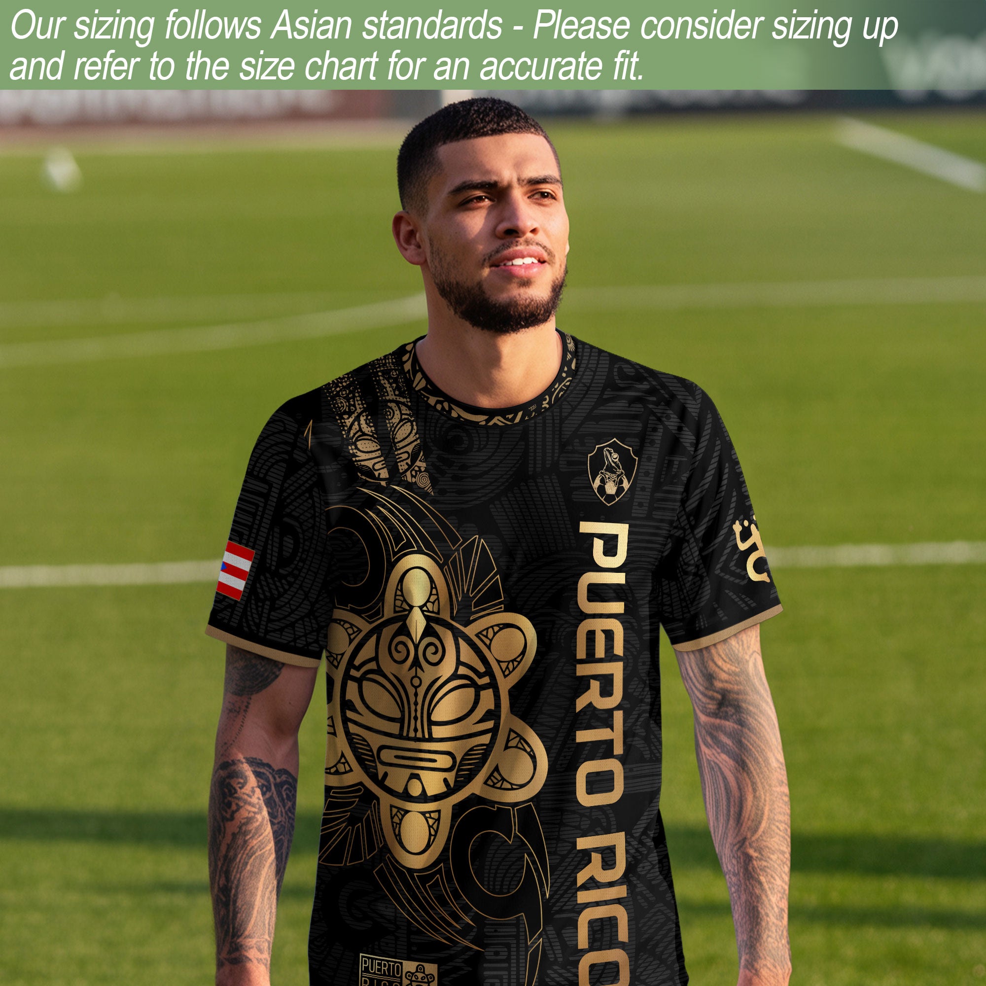 Camiseta de fútbol Puerto Rico Black Gold Side Taino Sun National Heritage Boricua Pride