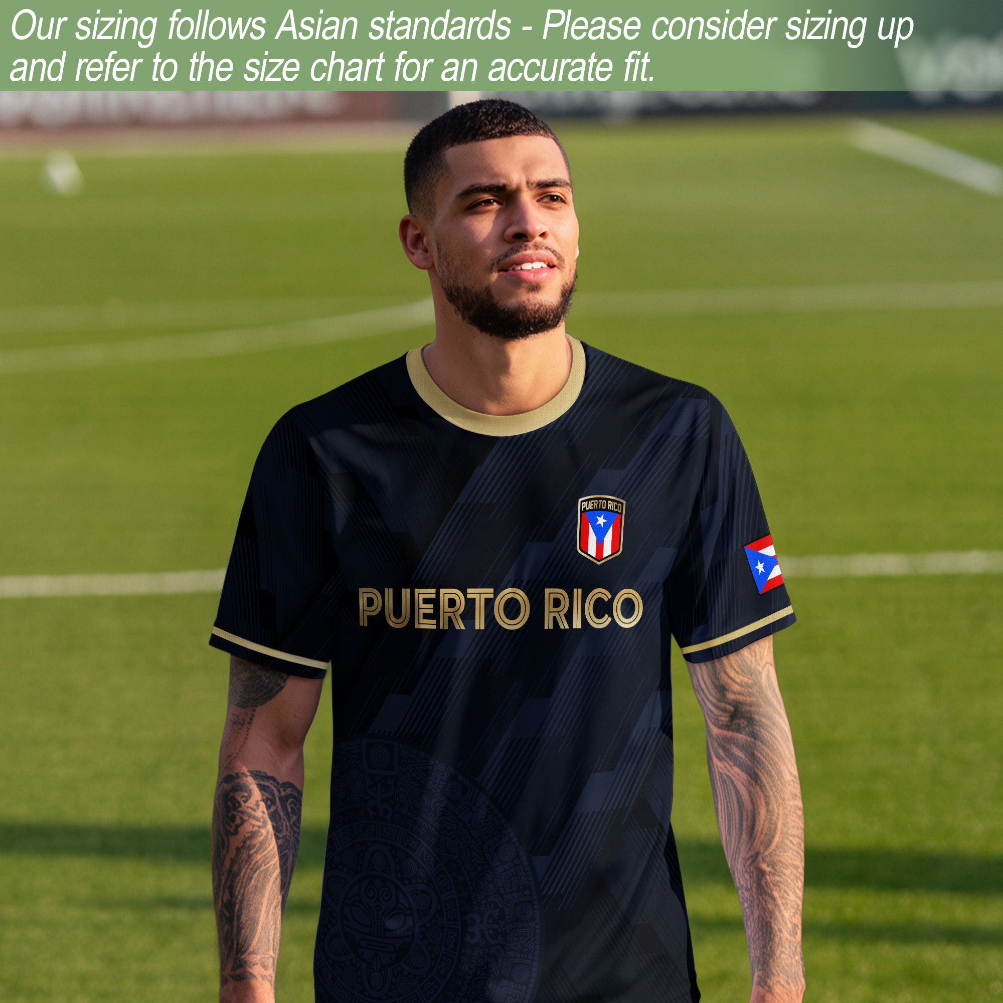 Camiseta de fútbol del orgullo nacional boricua del sol taíno dorado de la marina de Puerto Rico