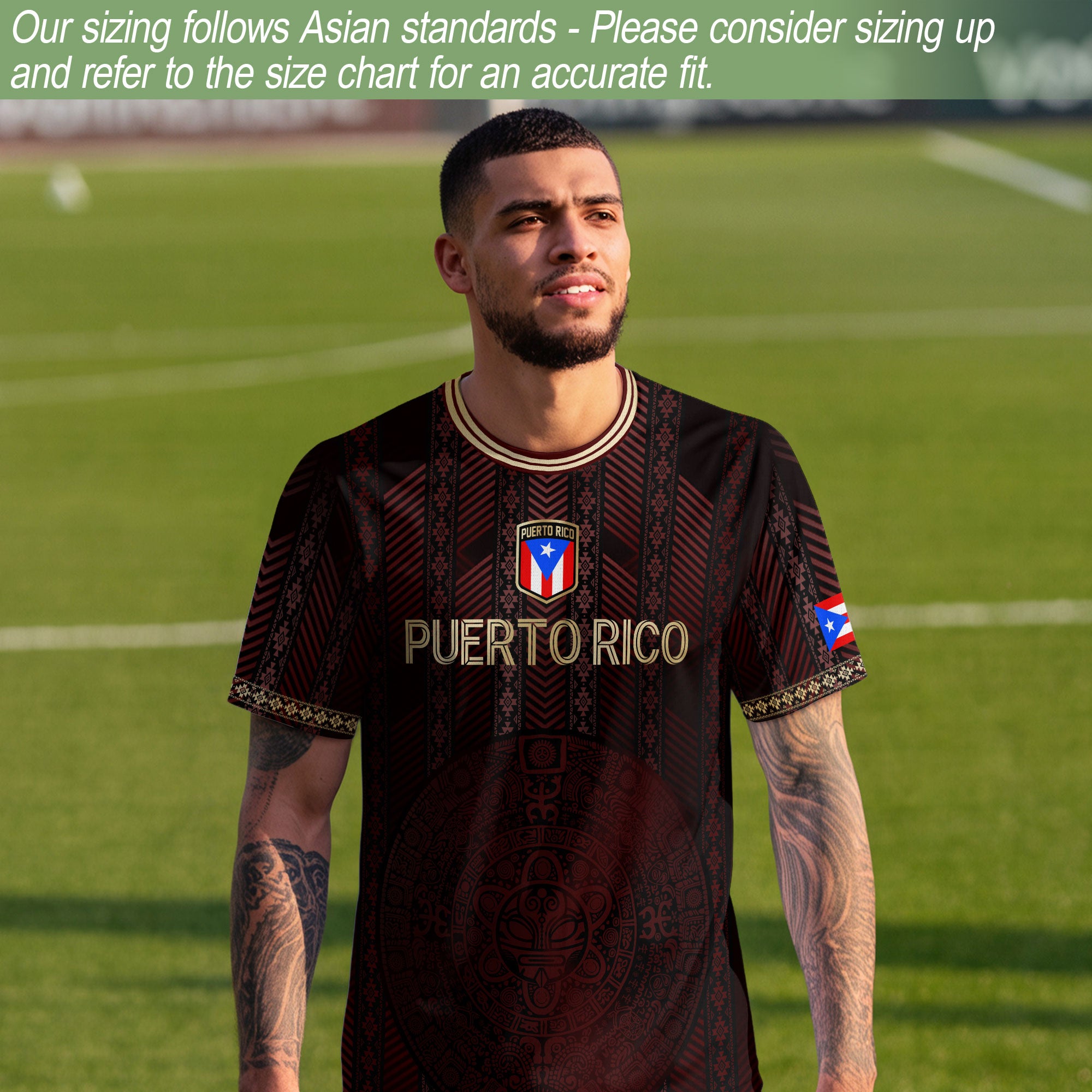 Puerto Rico Flag Maroon Gold Tribal Print National Heritage Sport Soccer Jersey