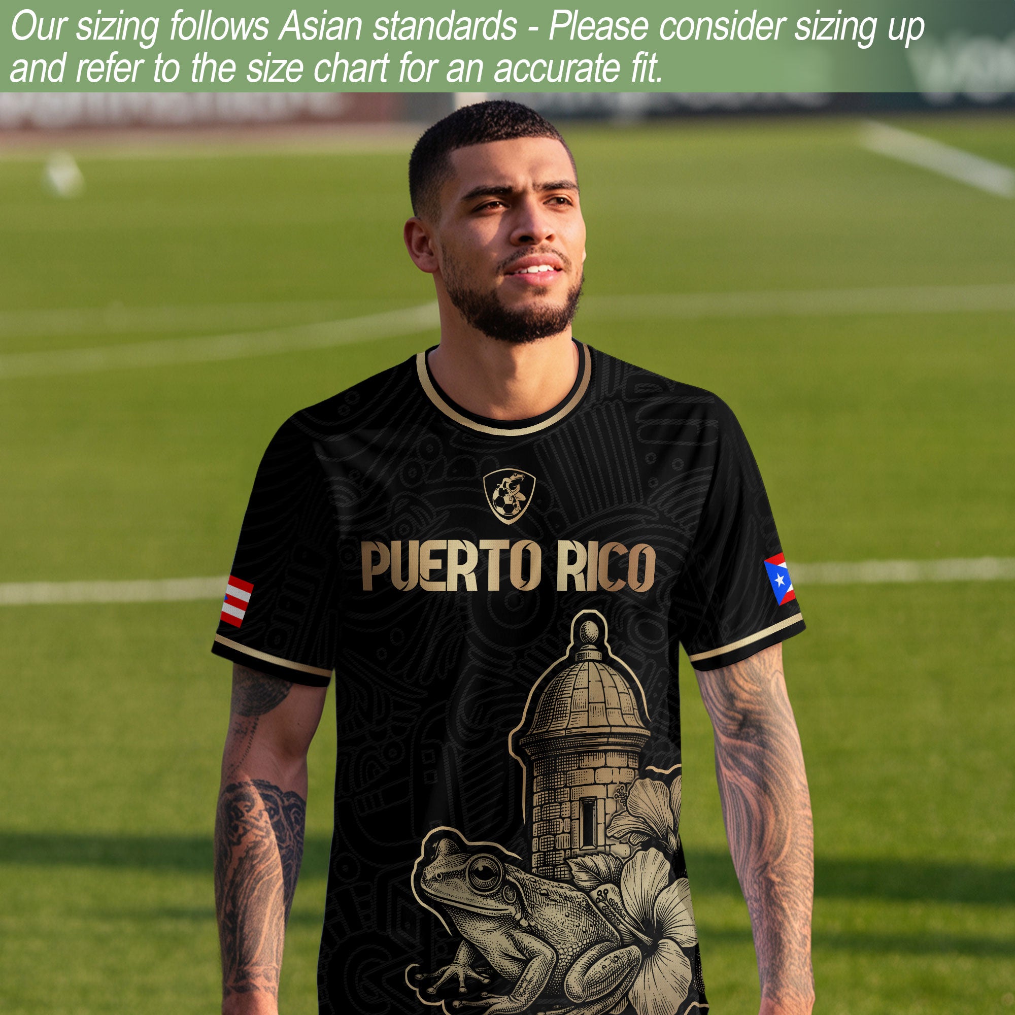 Puerto Rico Black Gold Boricua El Morro Coqui Frog Hibiscus Historical Soccer Jersey