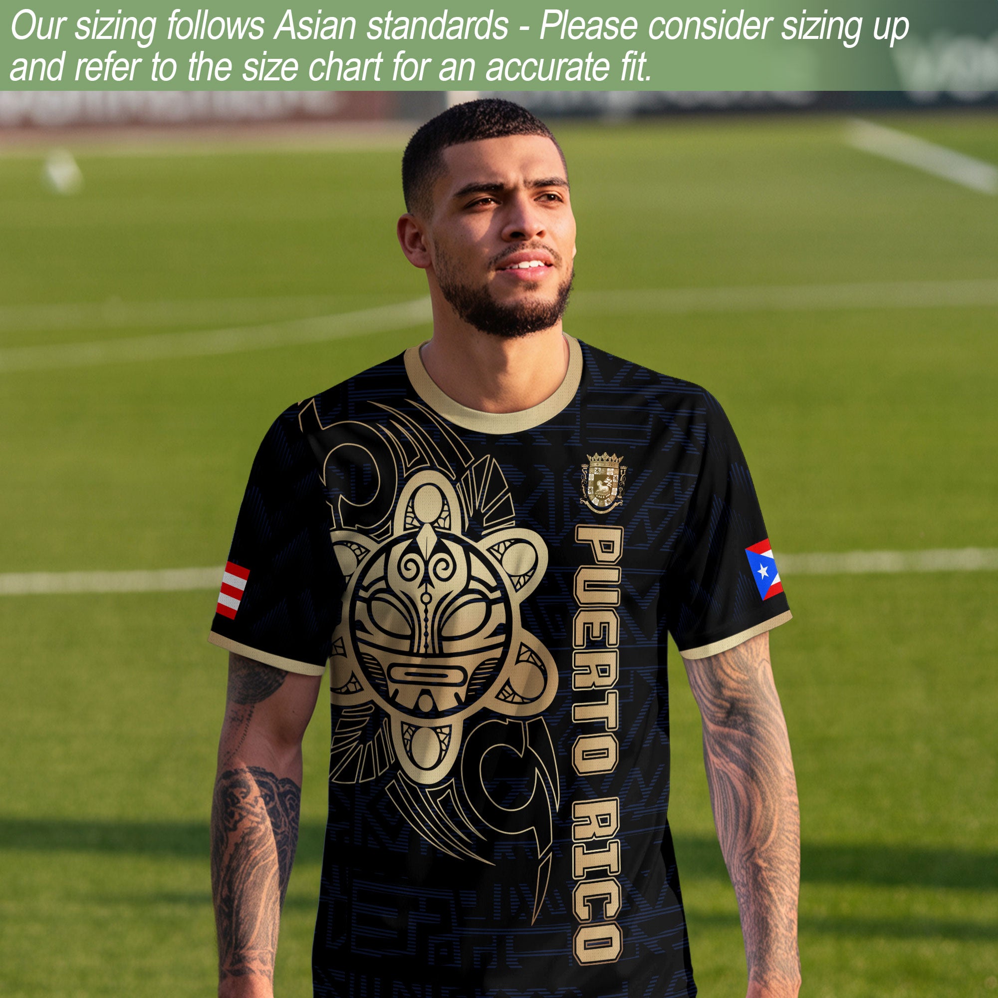 Puerto Rico Black Navy Gold Taino Sun God Island Heritage Tribal Pattern Soccer Jersey