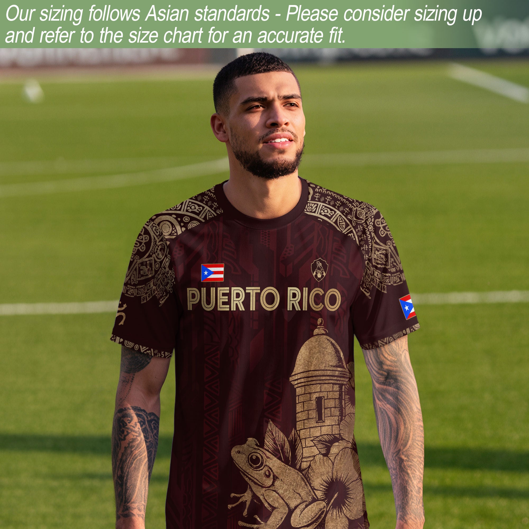 Puerto Rico Maroon Gold Coqui Frog Garita Floral Taino Sun National Heritage Camiseta de fútbol