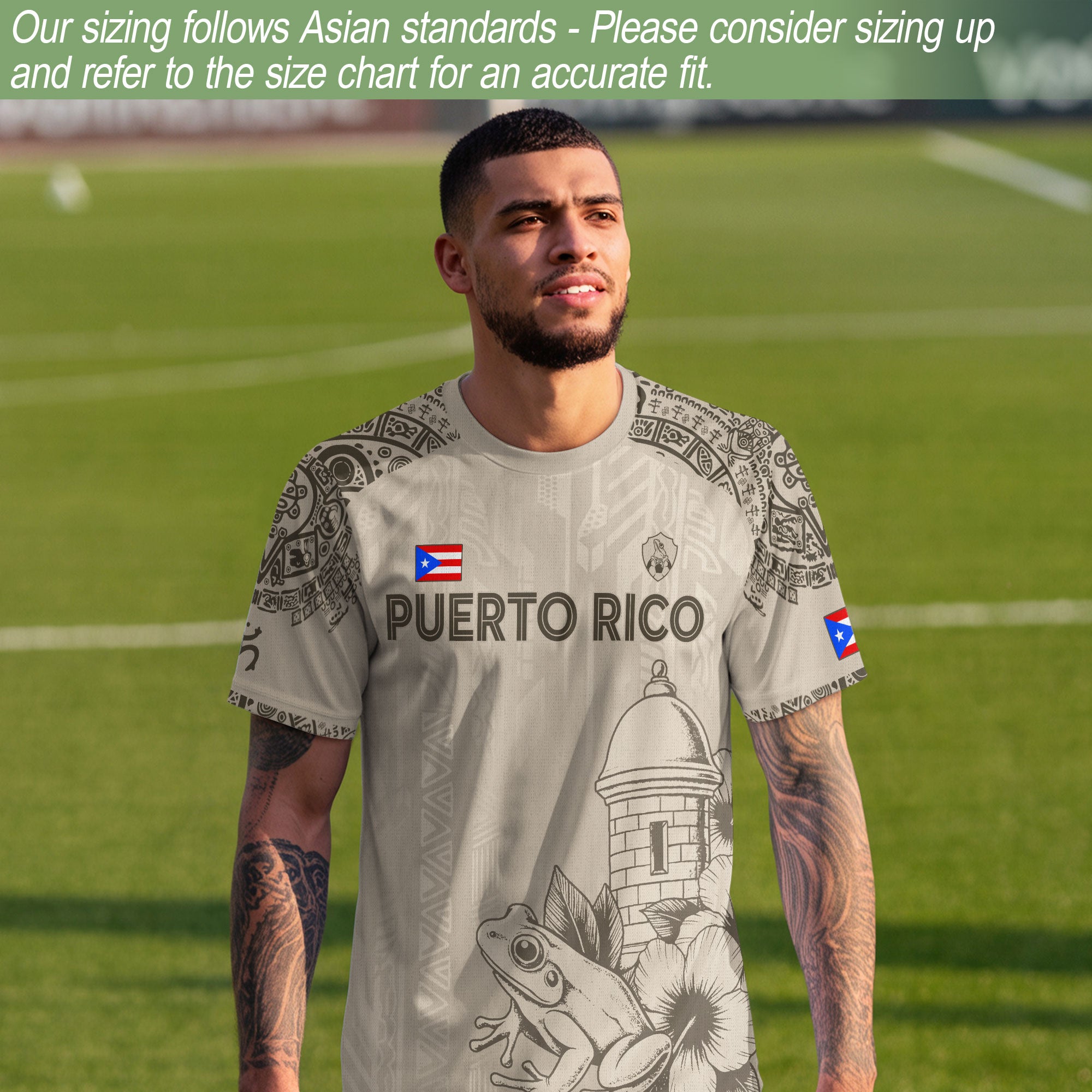 Puerto Rico Beige Oro Coqui Rana Garita Floral Taino Sol Patrimonio Nacional Camiseta de Fútbol