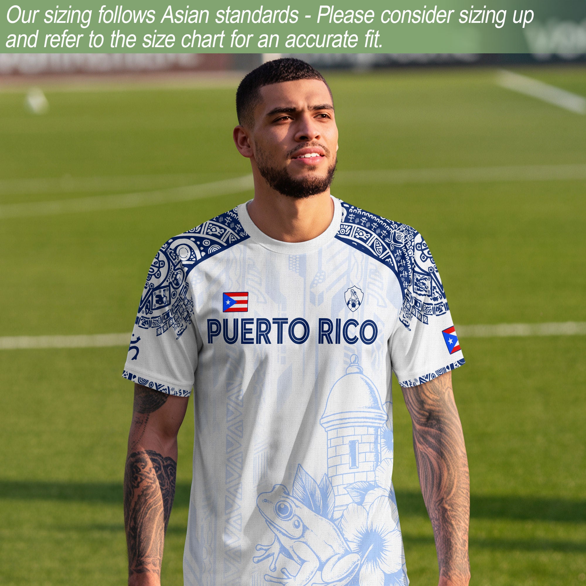 Puerto Rico White Blue Coqui Frog Floral Garita Taino Sun Island Heritage Soccer Jersey