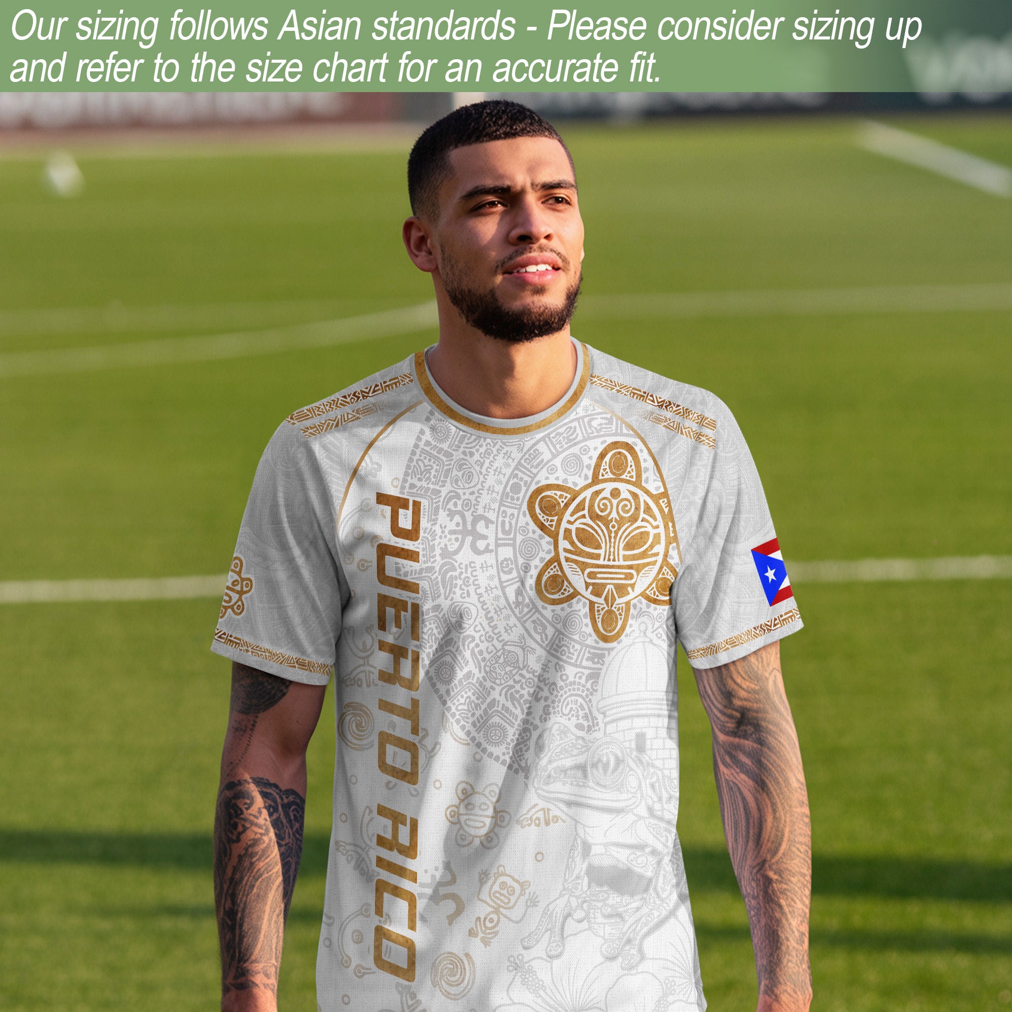 Camiseta de fútbol de la herencia nacional del sol taíno de Puerto Rico, rana coquí dorada blanca